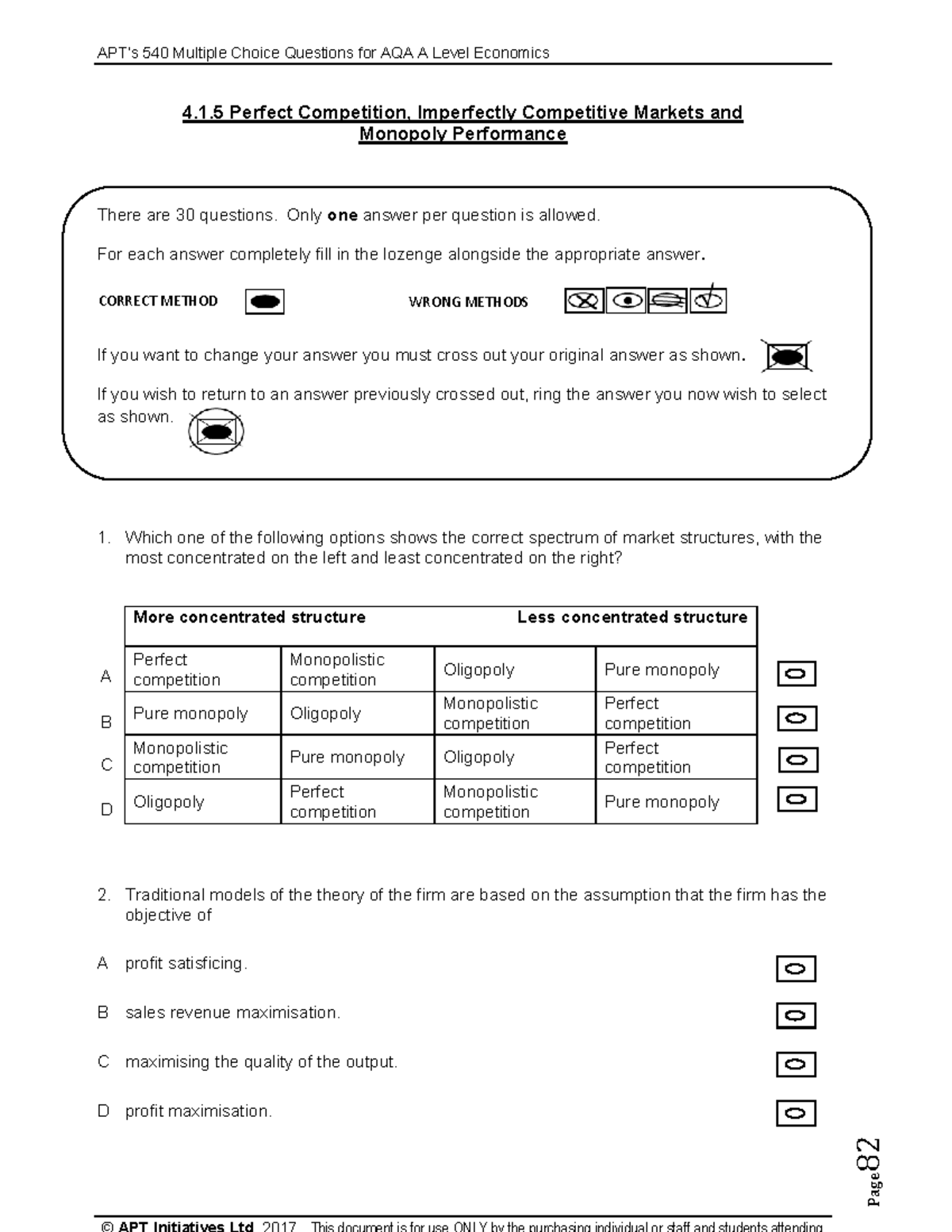 APT 540 M i e Half Term MCQs on Market Structures for AQA A Level ...