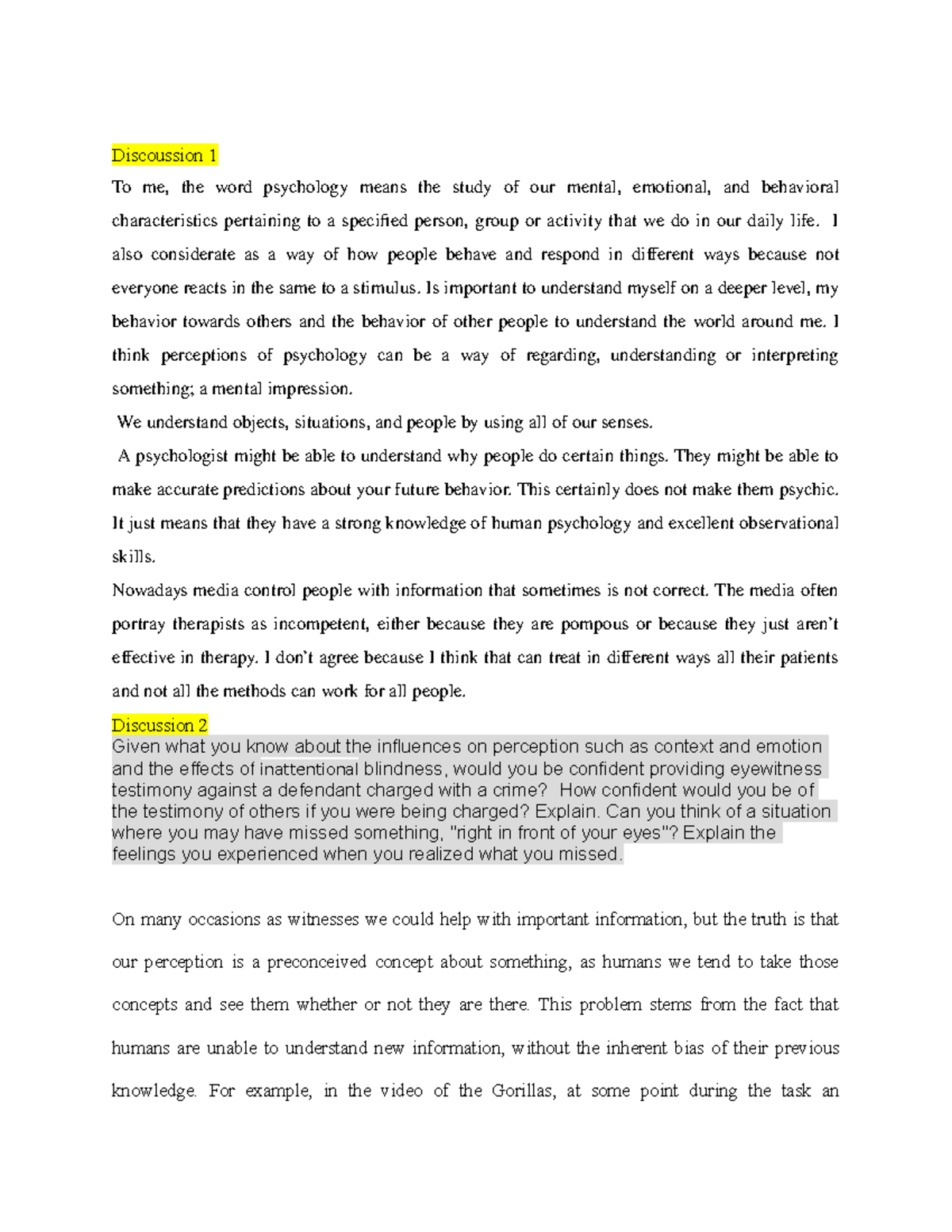 Psych 101 - Discussion 1 & 2 Lecture Notes on Perception and Behavior ...