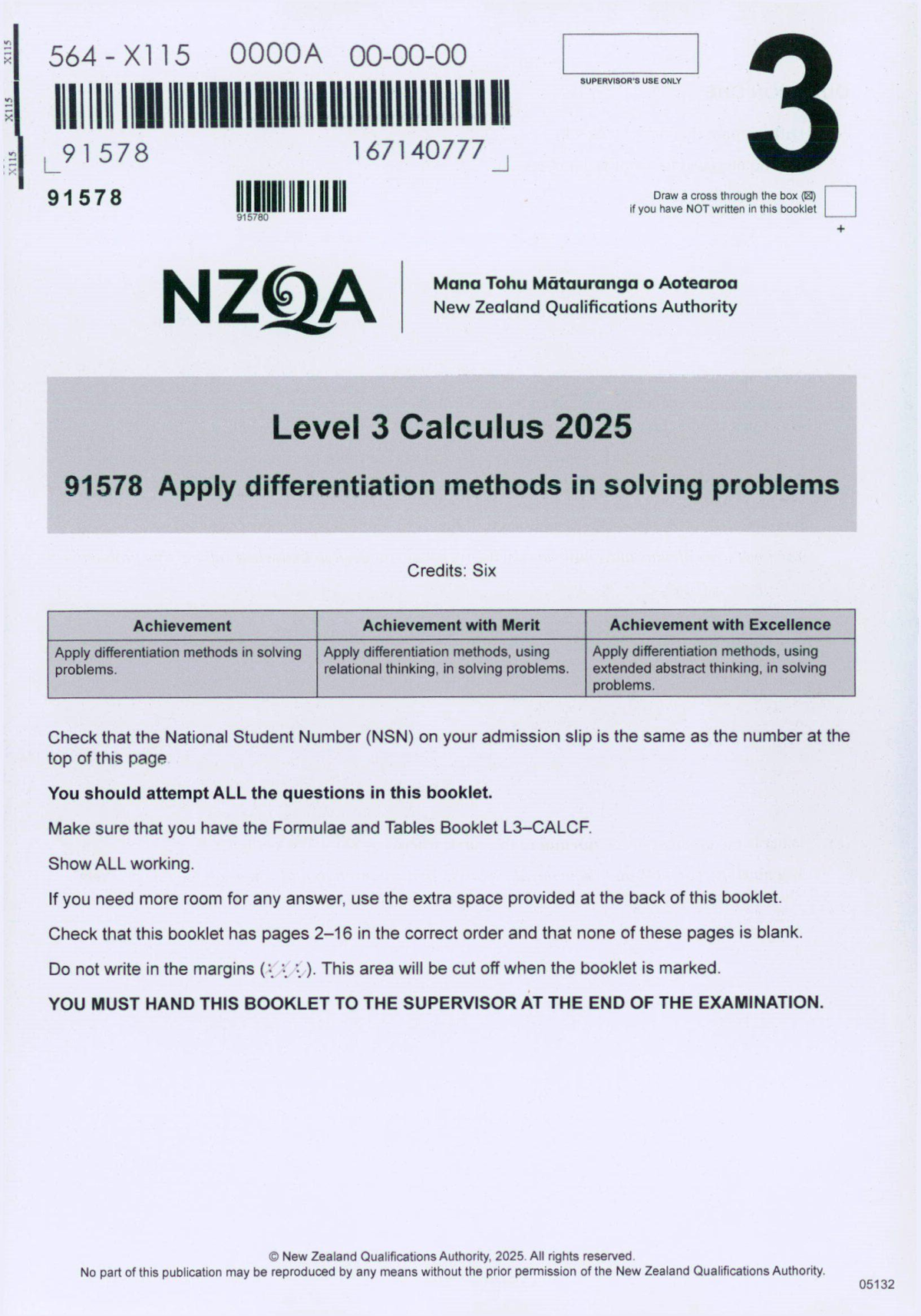 Calculus 91578 Level 3 Exam Paper 2025: Differentiation Methods - Studocu