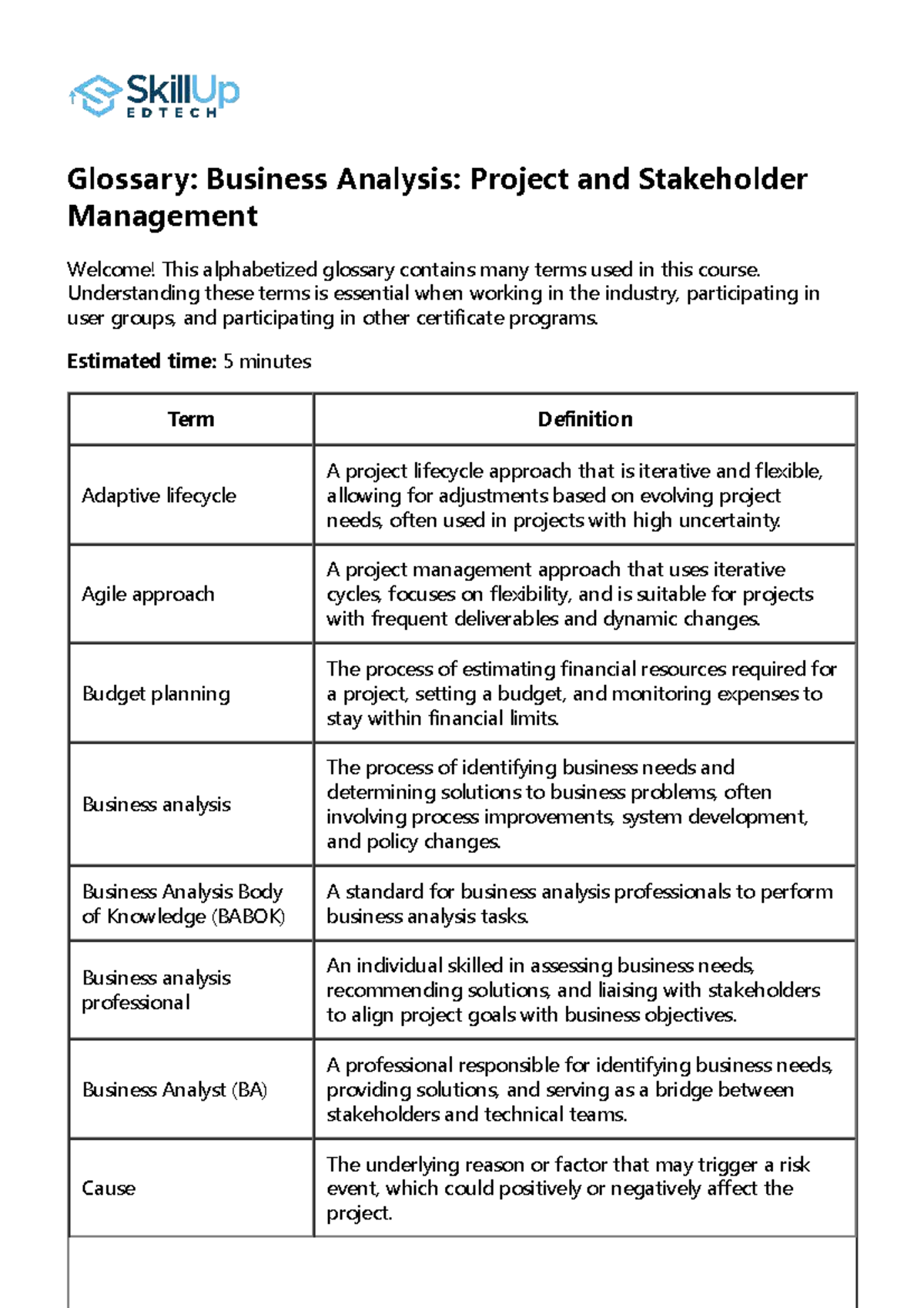 Glossary of Terms: Business Analysis & Stakeholder Management (BA 101 ...