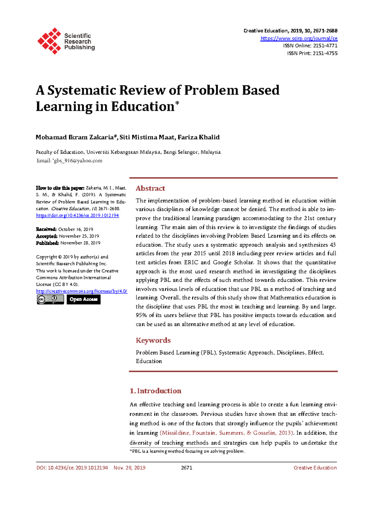 Systematic Review of Problem-Based Learning in Education (EDU101) - Studocu