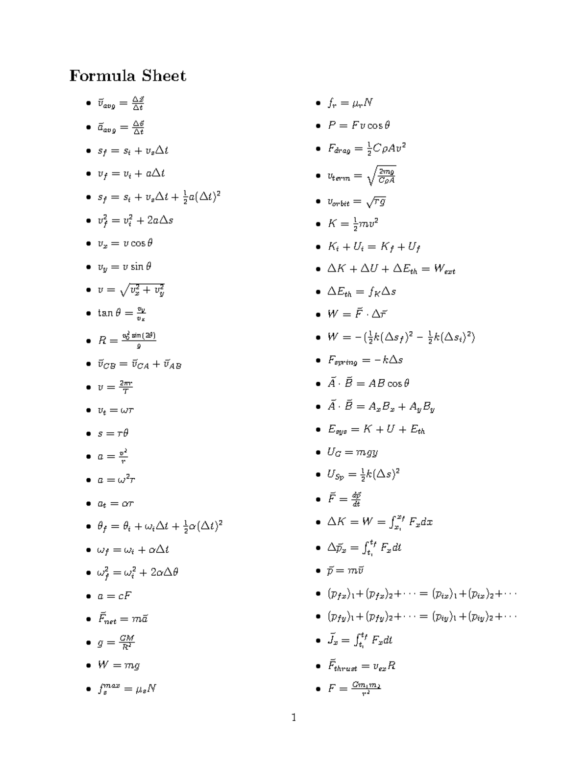 PHY1505 Final Exam Formula Sheet for Physics Concepts - Studocu