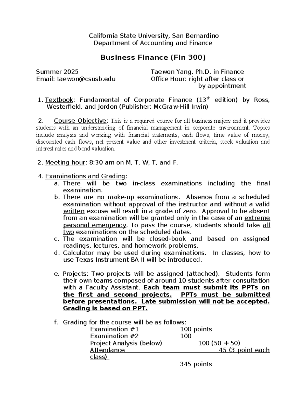Fin 300 Syllabus: Business Finance Overview for Summer 2025 - Studocu