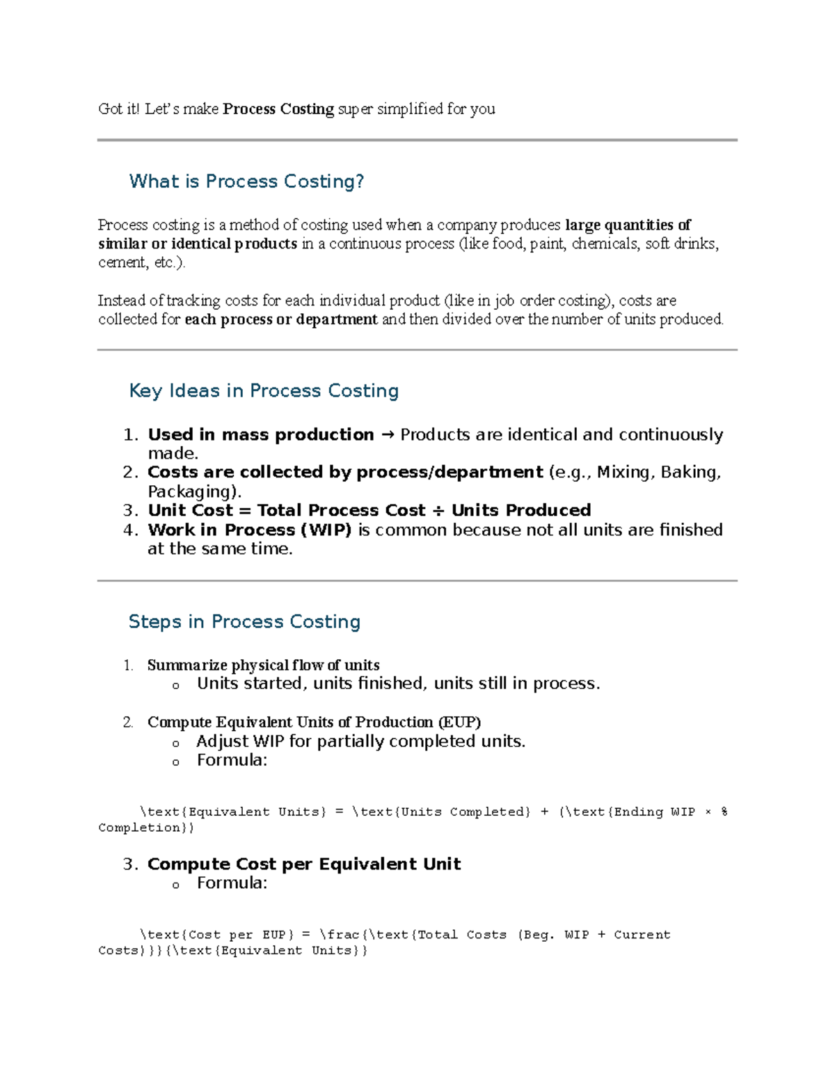 Process Costing Simplified Notes for Easy Understanding - Studocu