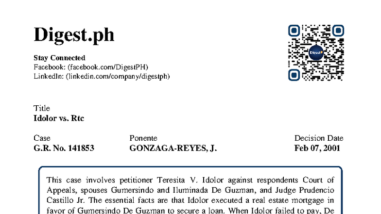 Case Digest: Idolor vs. RTC G.R. No. 141853 - Supreme Court Ruling ...