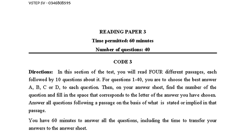 VSTEP SV 0346808595 READING TEST 3 - PRACTICE QUESTIONS - Studocu