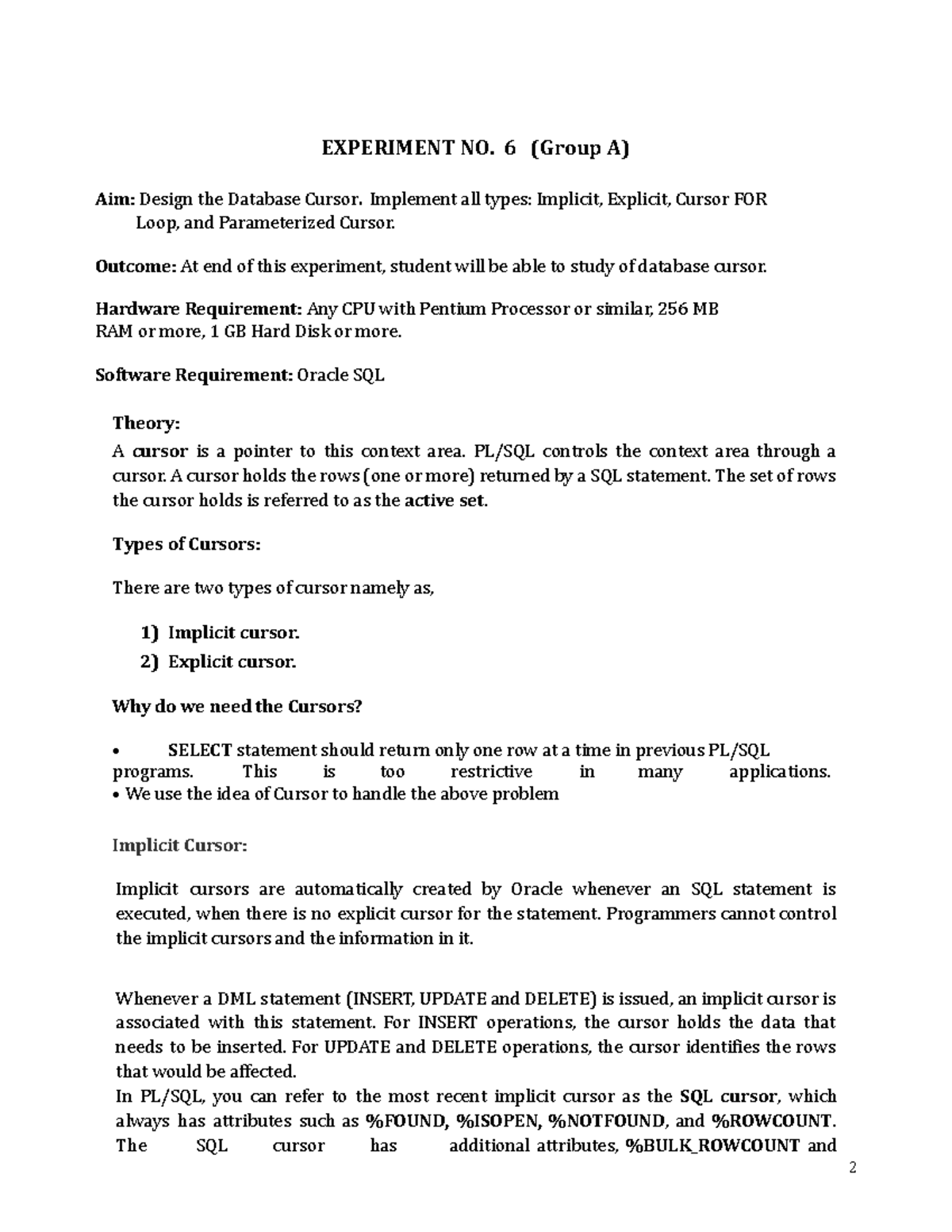 Experiment No. 6: Database Cursor Design and Implementation - Studocu