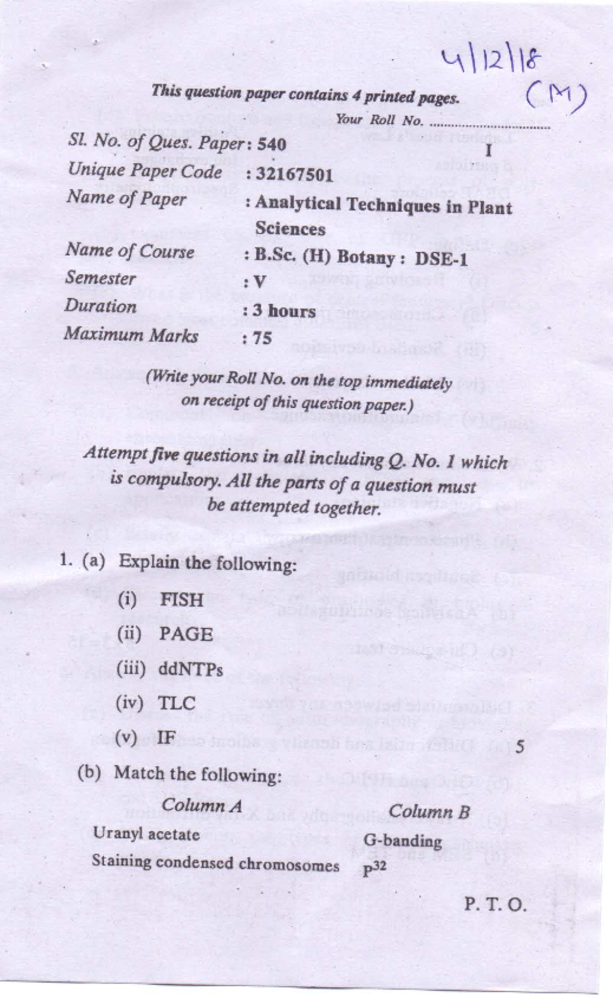 B.Sc. (H) Botany Semester V - Analytical Techniques Exam Paper (540 ...
