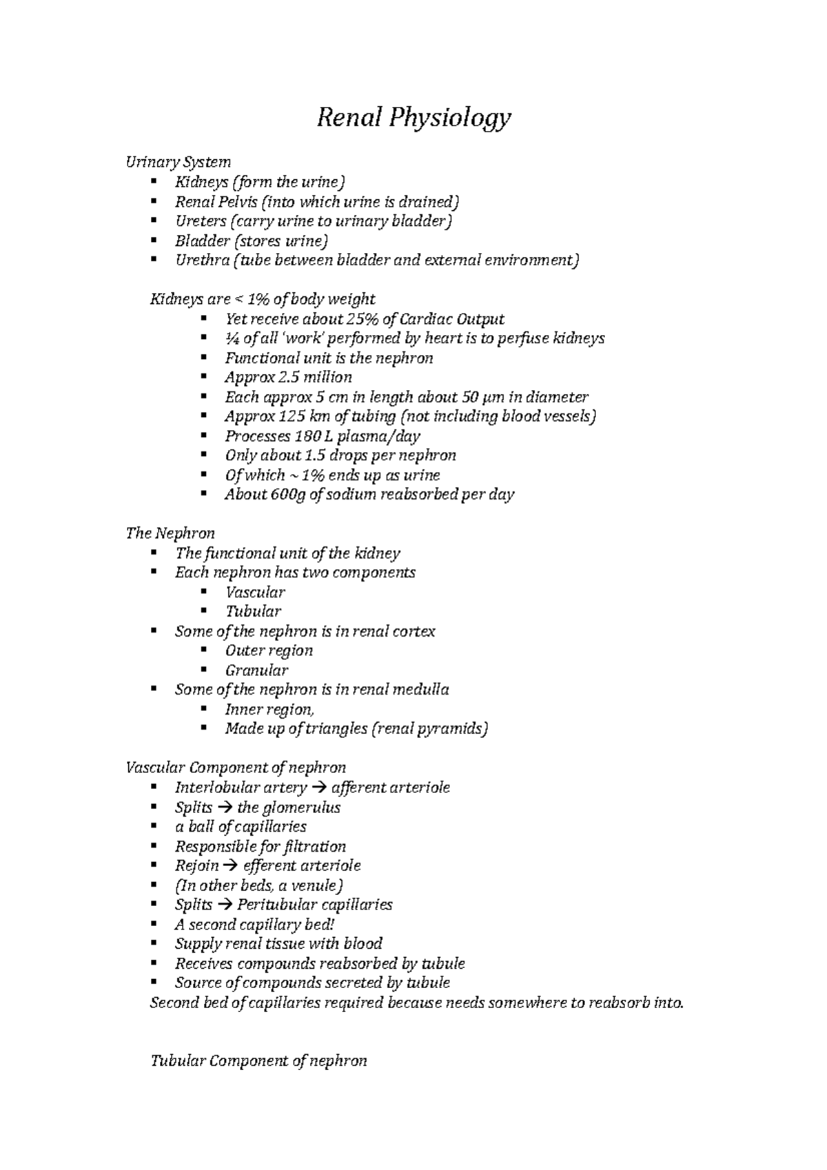 Renal Physiology - Lecture notes Semester 2 First Year - Renal ...