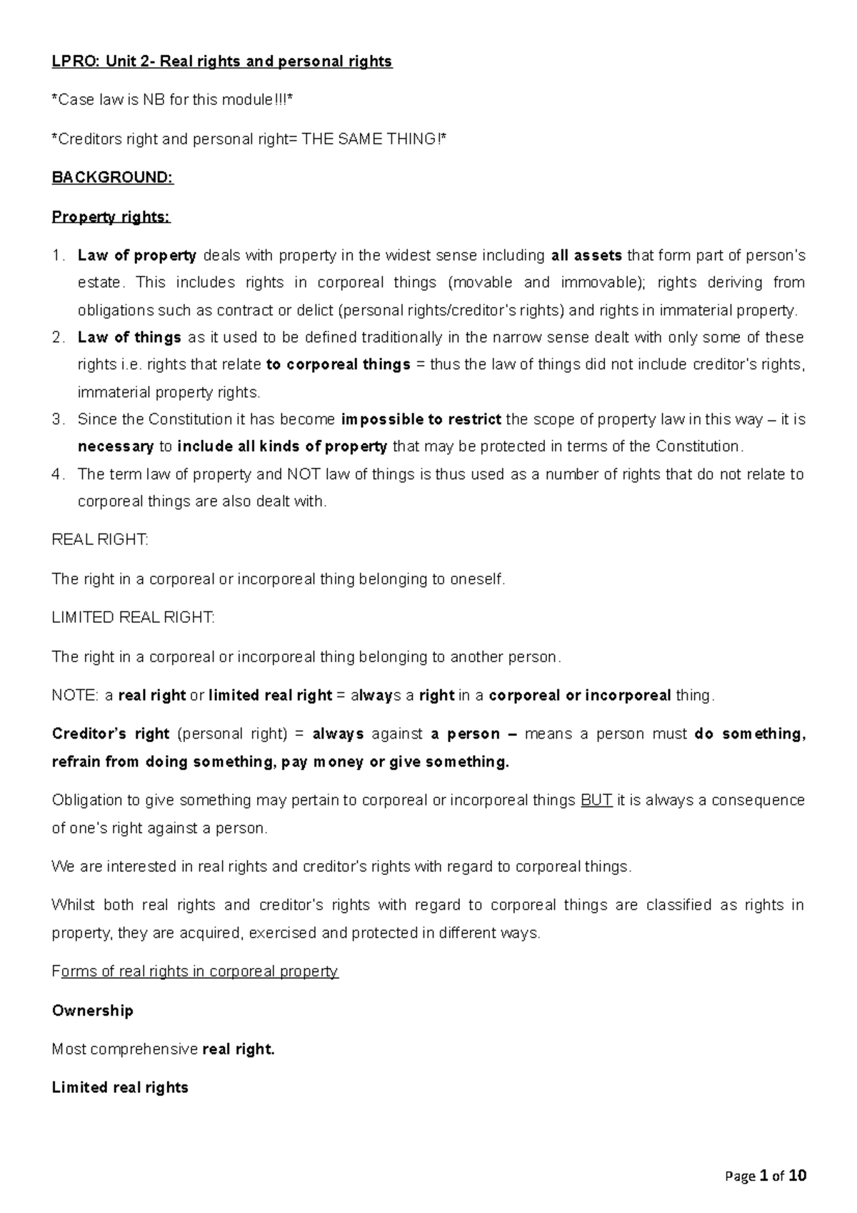 LPRO: Unit 2 - Understanding Real Rights vs. Creditor's Rights - Studocu
