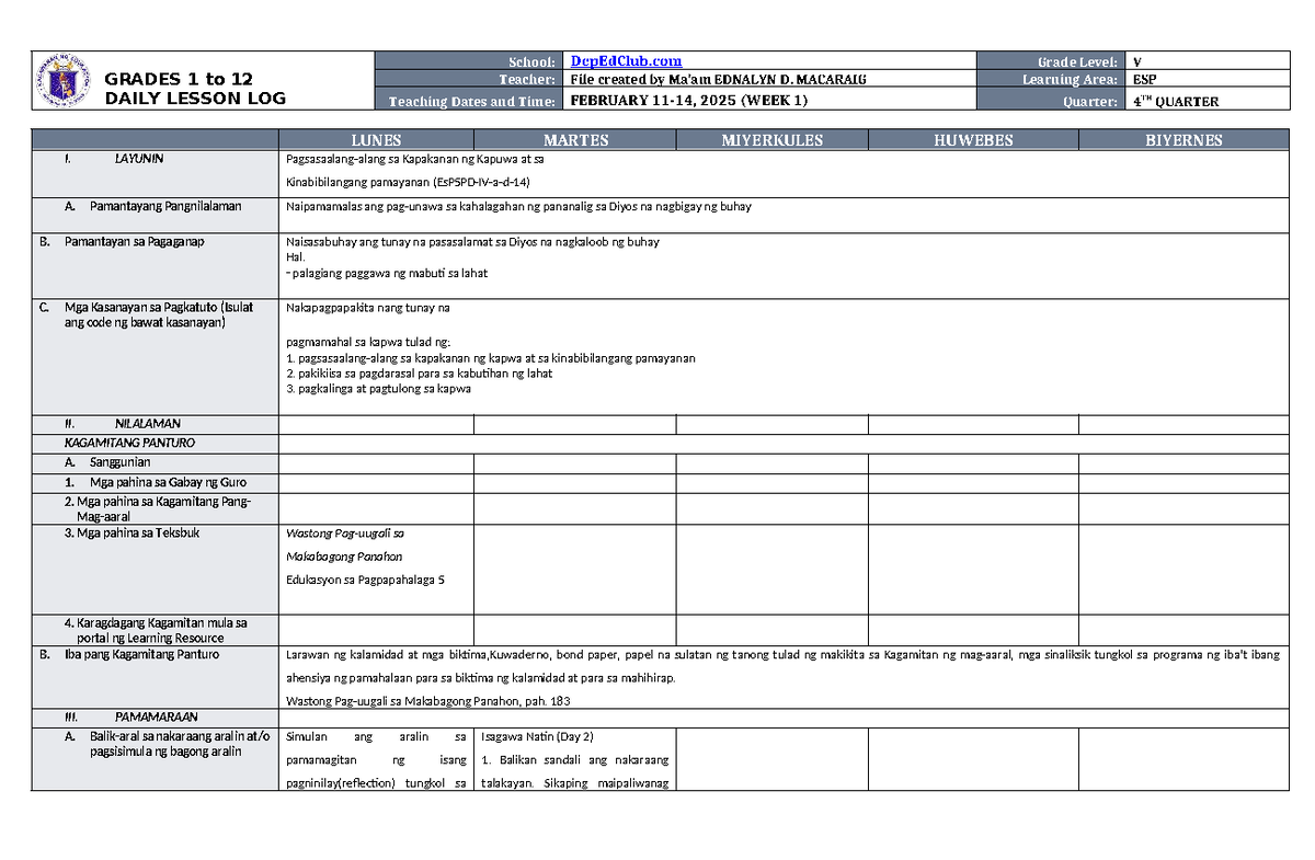 DLL ESP 5 Q4 W1: Daily Lesson Log for Values Education - Studocu