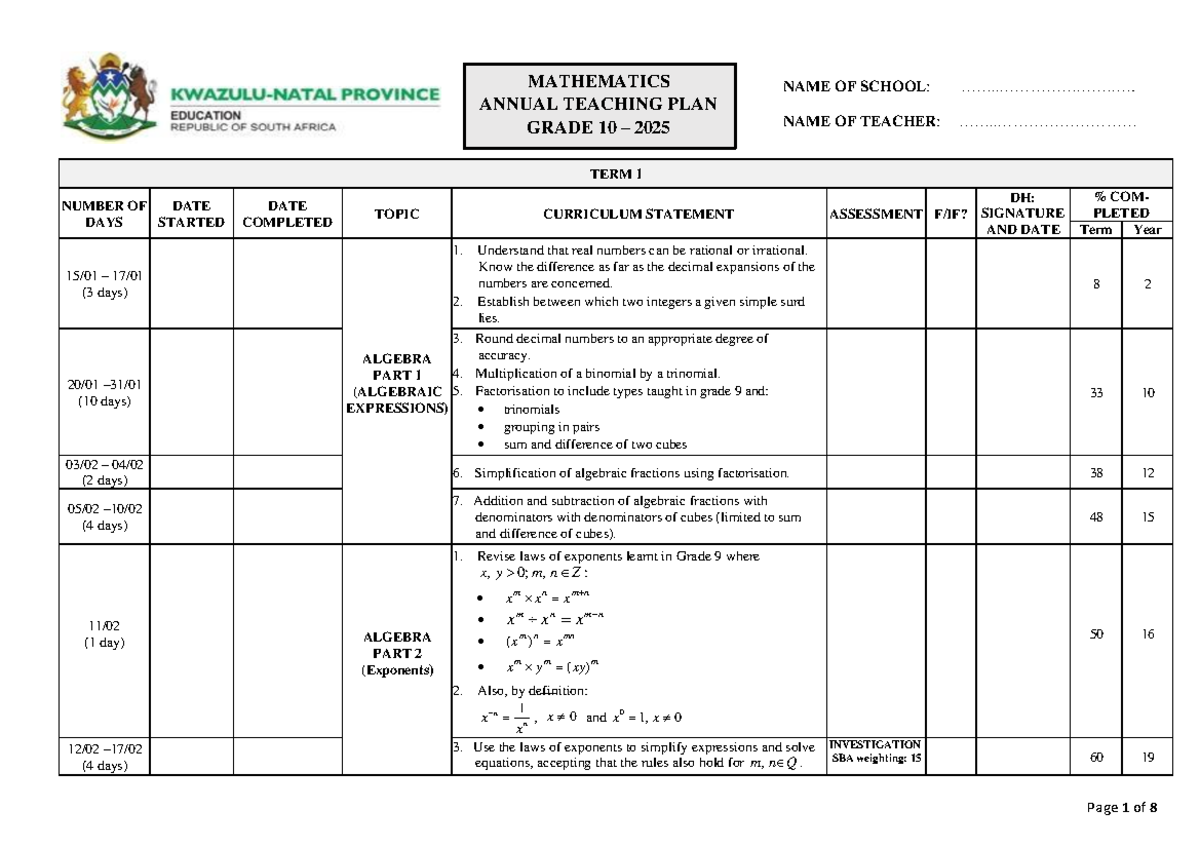 Gr 10 MATH ATP 2025 Revision NAME OF SCHOOL