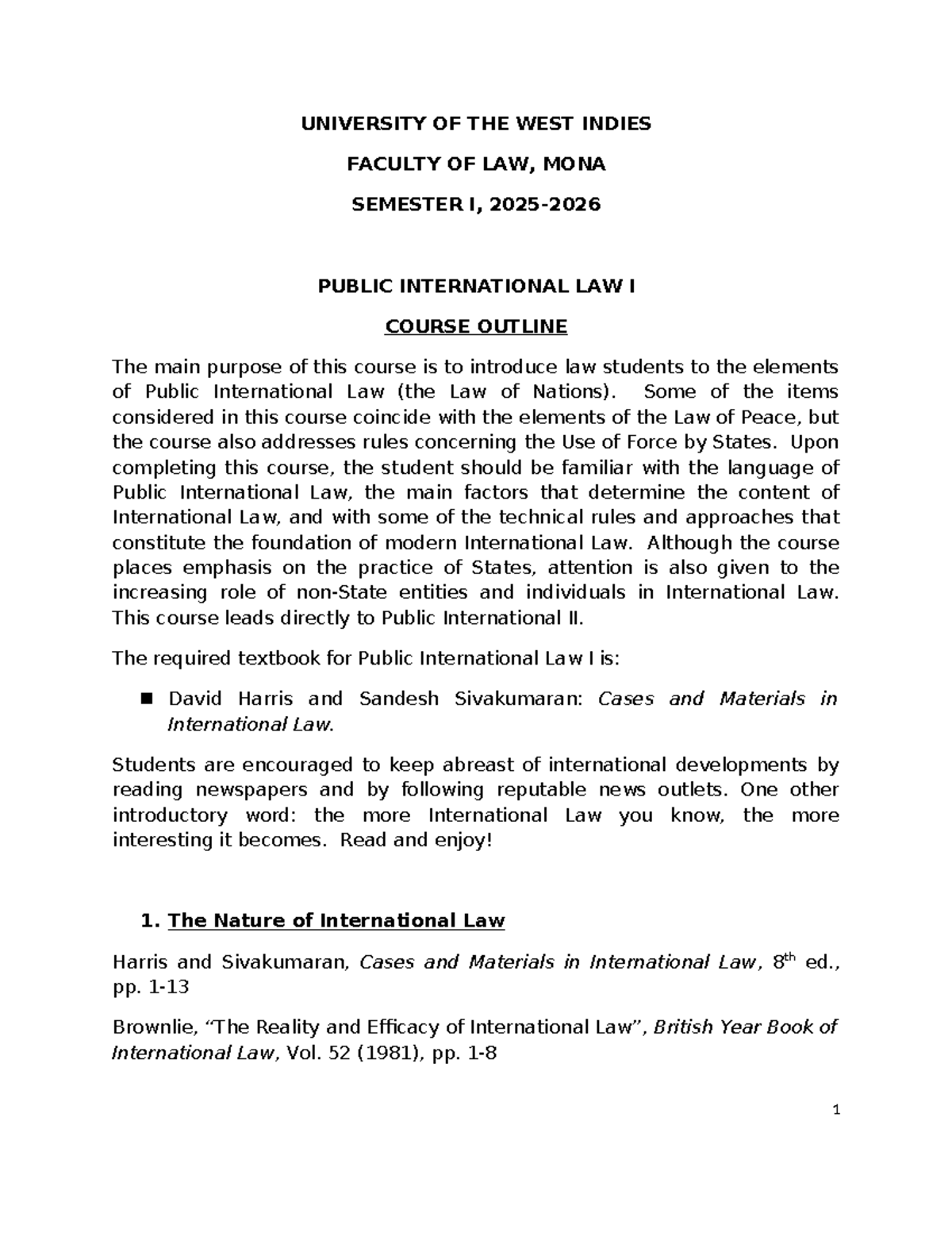 Public International Law I (LAW 101) Course Outline and Notes - Studocu