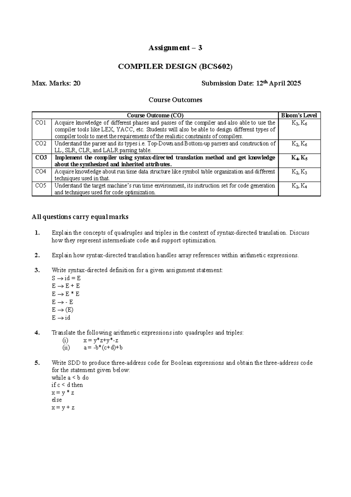 Assignment 3: Compiler Design (BCS602) - Key Concepts & Techniques ...