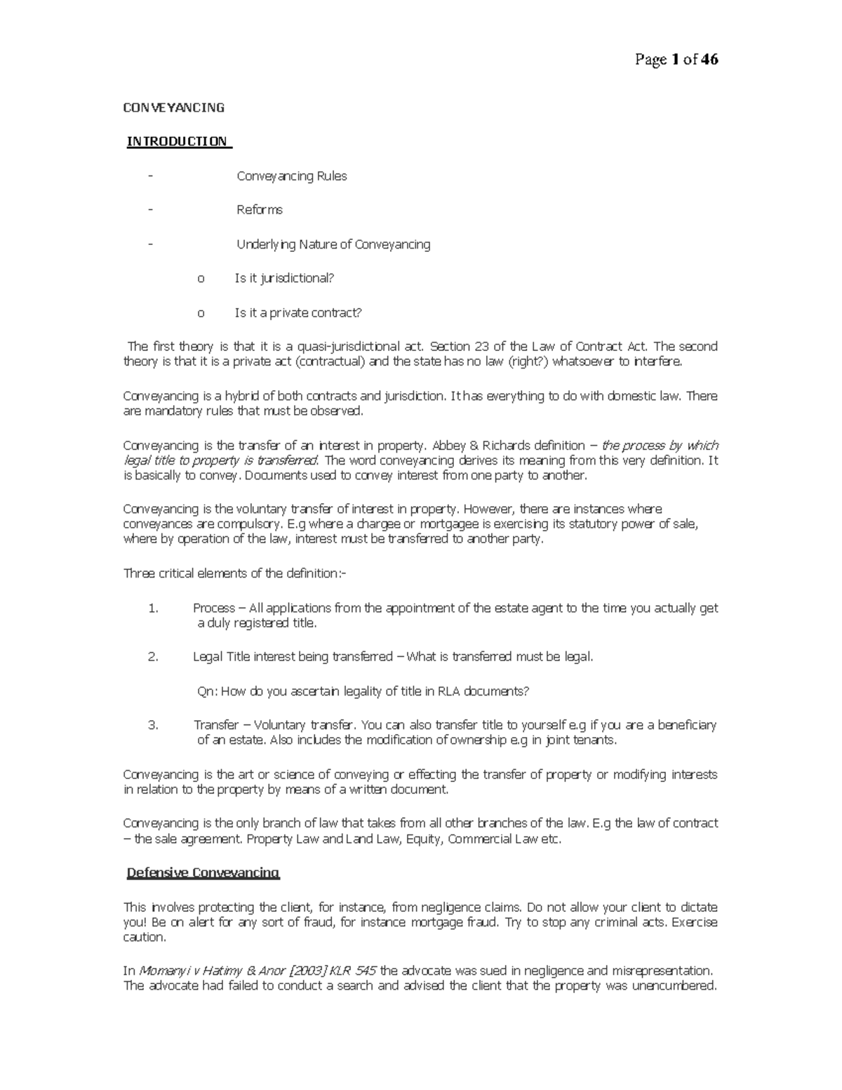 Conveyancing Law Overview: Key Principles and Practices (LAW 101) - Studocu