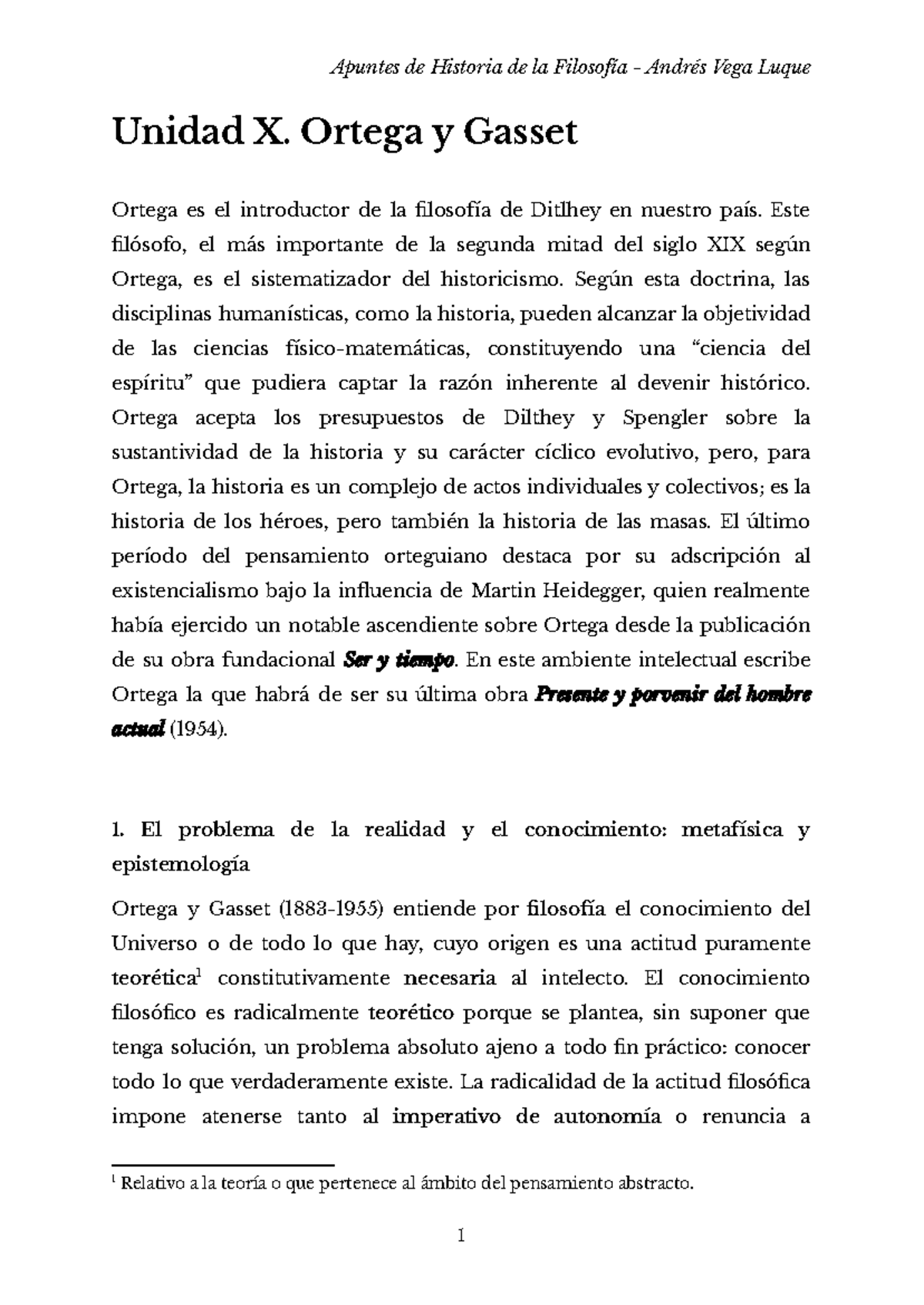 Apuntes de Historia de la Filosofía: Unidad 08 - Ortega y Gasset - Studocu