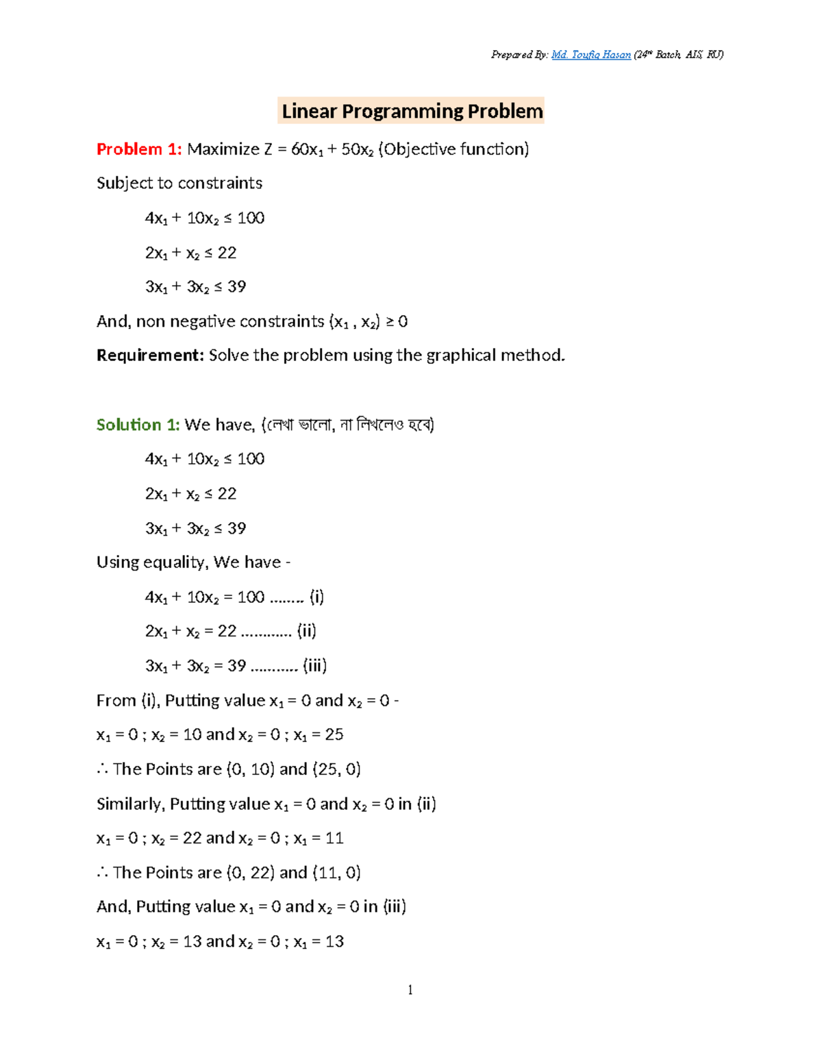 Linear Programming Problems: Solutions & Graphical Methods (307 Math ...