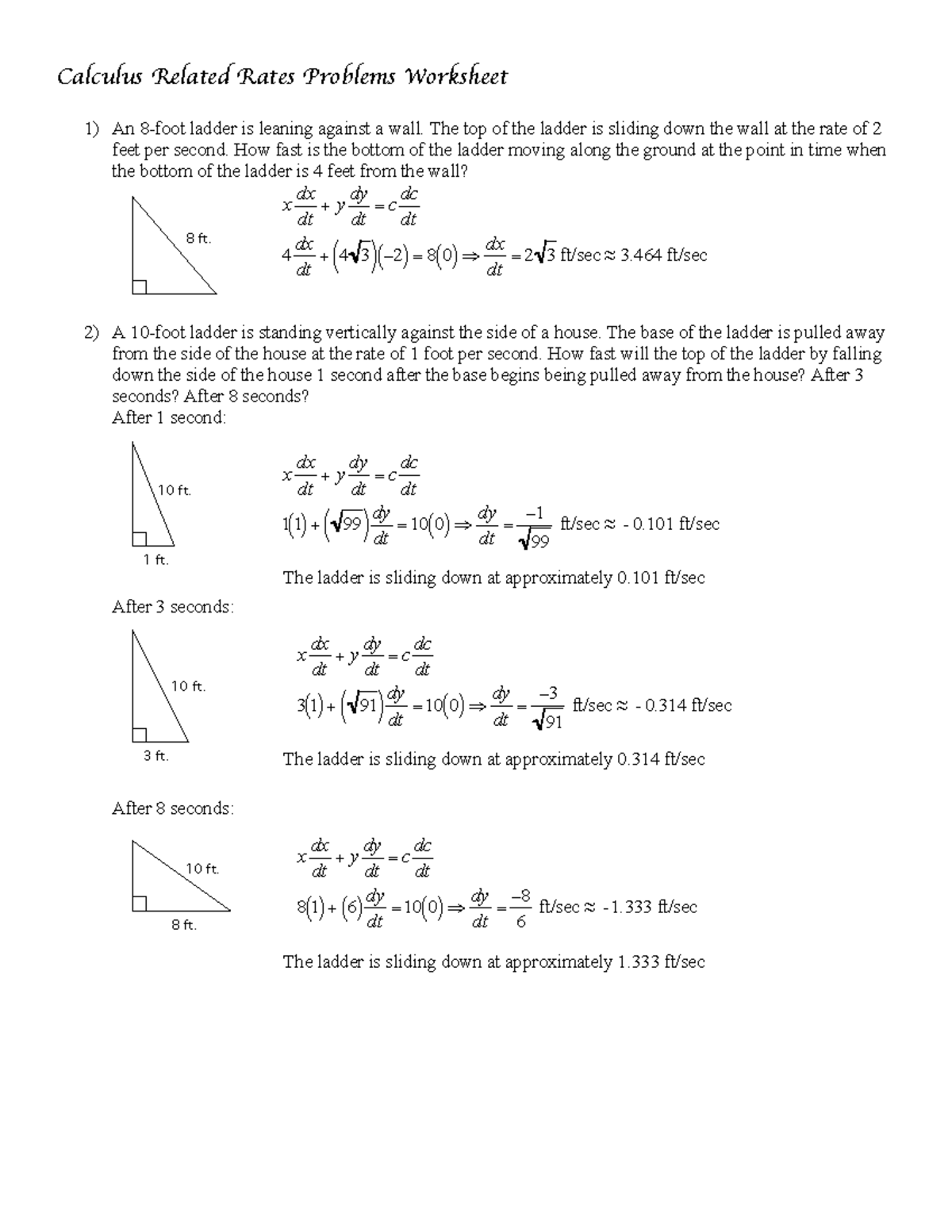 Calculus related rates worksheet solutions 1 - Calculus Related Rates ...
