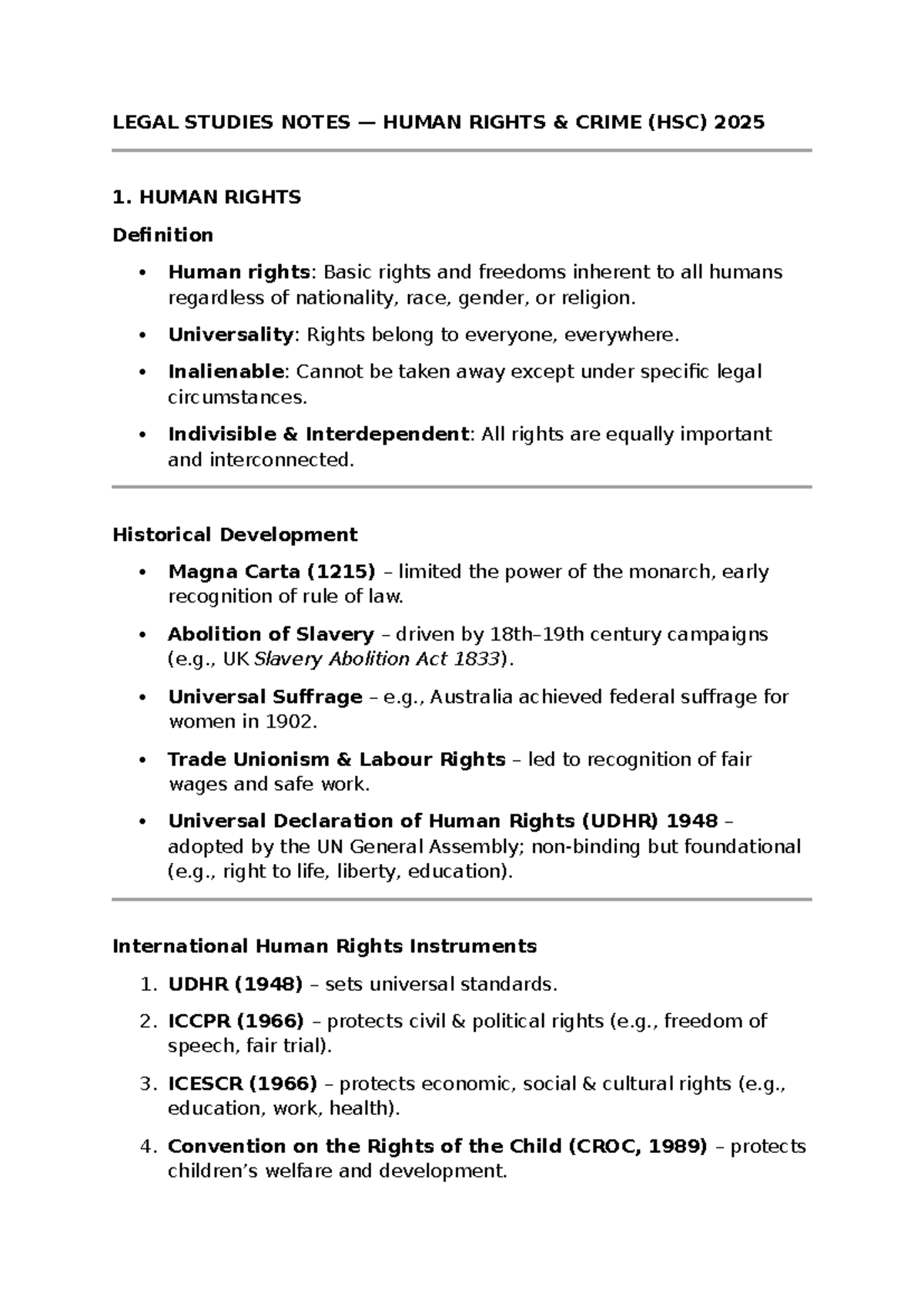 Legal Studies Notes: Human Rights & Crime (HSC) 2025 - Studocu