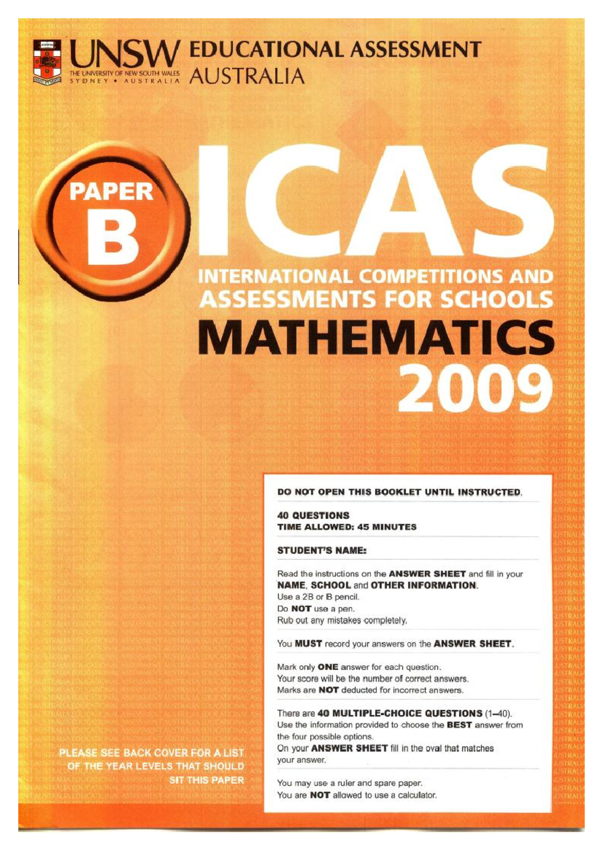 2009 ICAS Mathematics Paper B: Assessment for Schools - Studocu