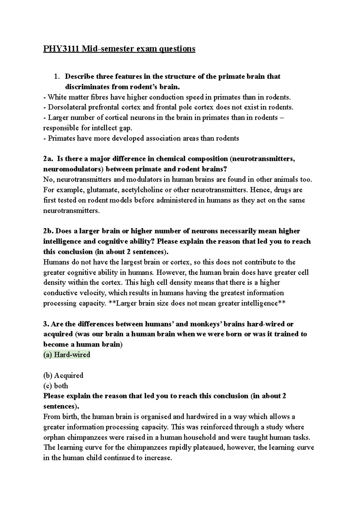 PHY3111 Midsem Exam Questions - Answers on Primate Brain Structure and Function - Document Preview