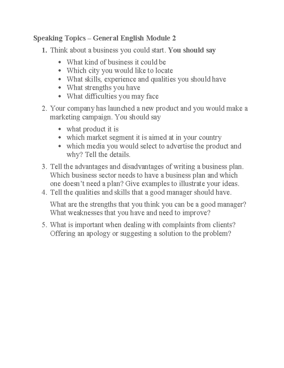 Speaking Topics for General English Module 2 - Business & Management ...