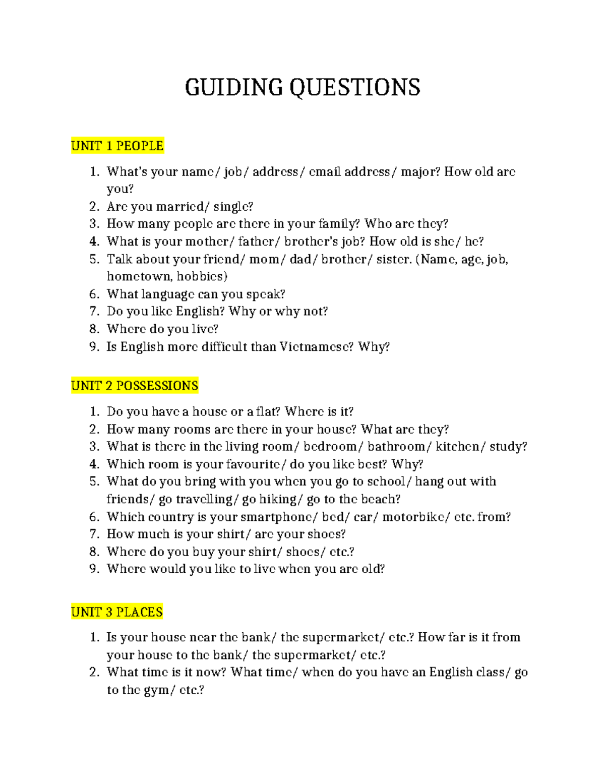 TACB3 (2019) - Speaking Questions Guide for Units 1-4 - Studocu