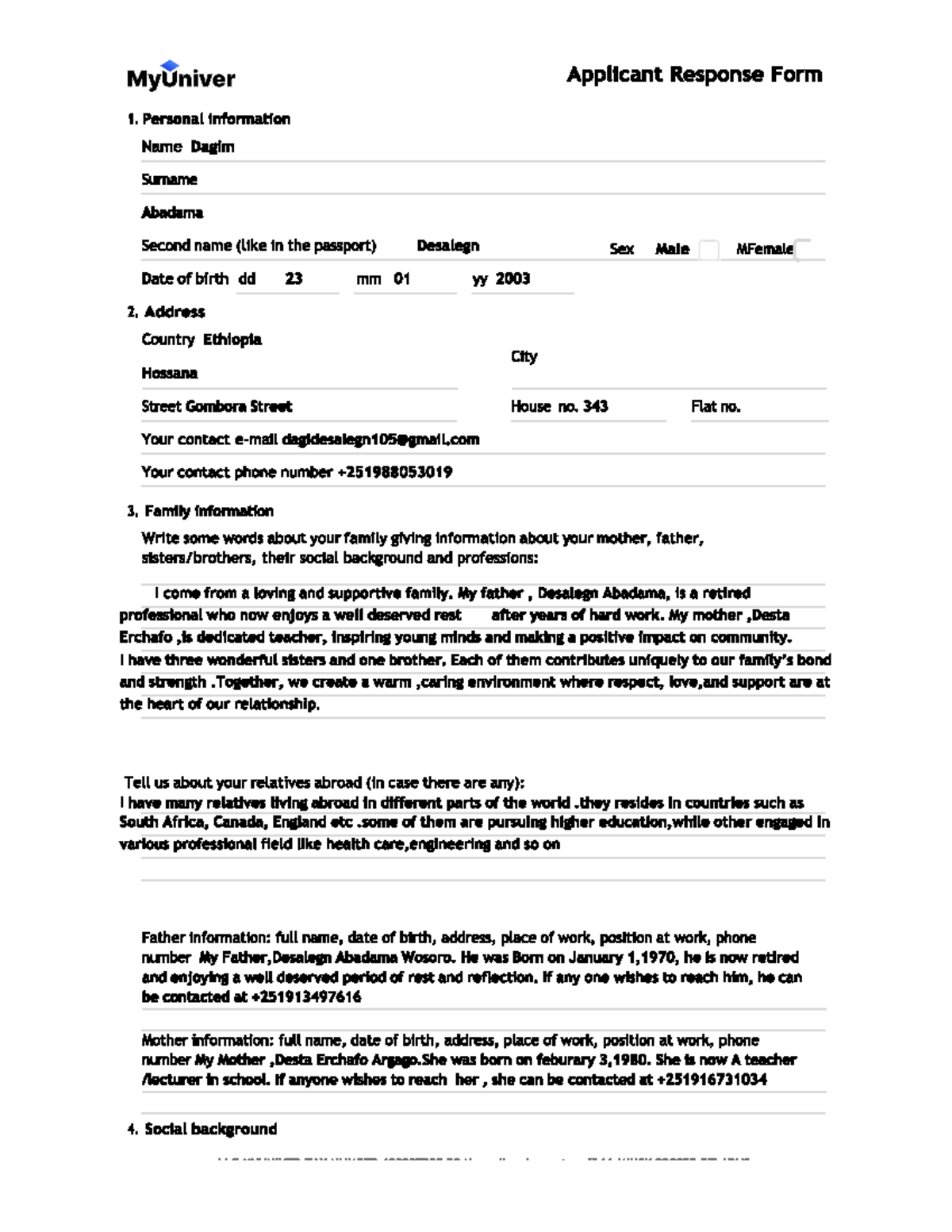 MyUniver Applicant Response Form: Personal and Family Information - Studocu
