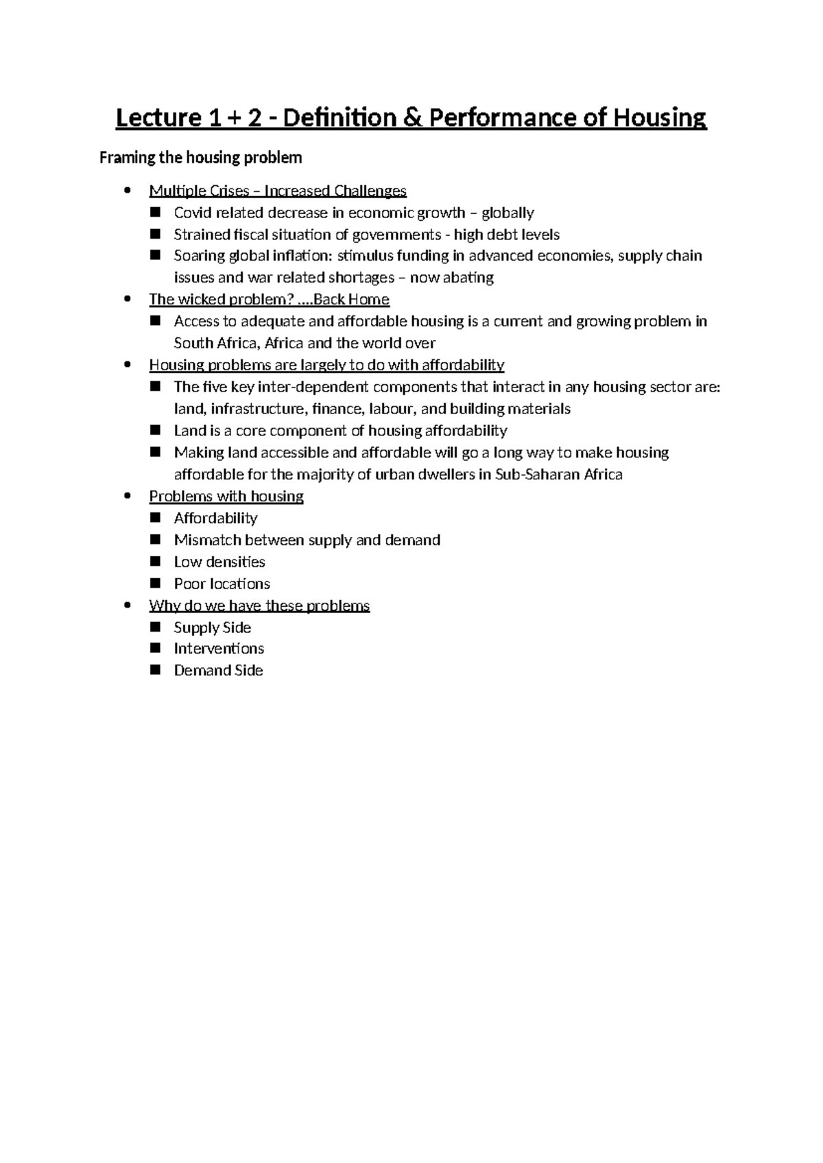 Housing notes - Lecture 1 + 2 - Definition & Performance of Housing ...