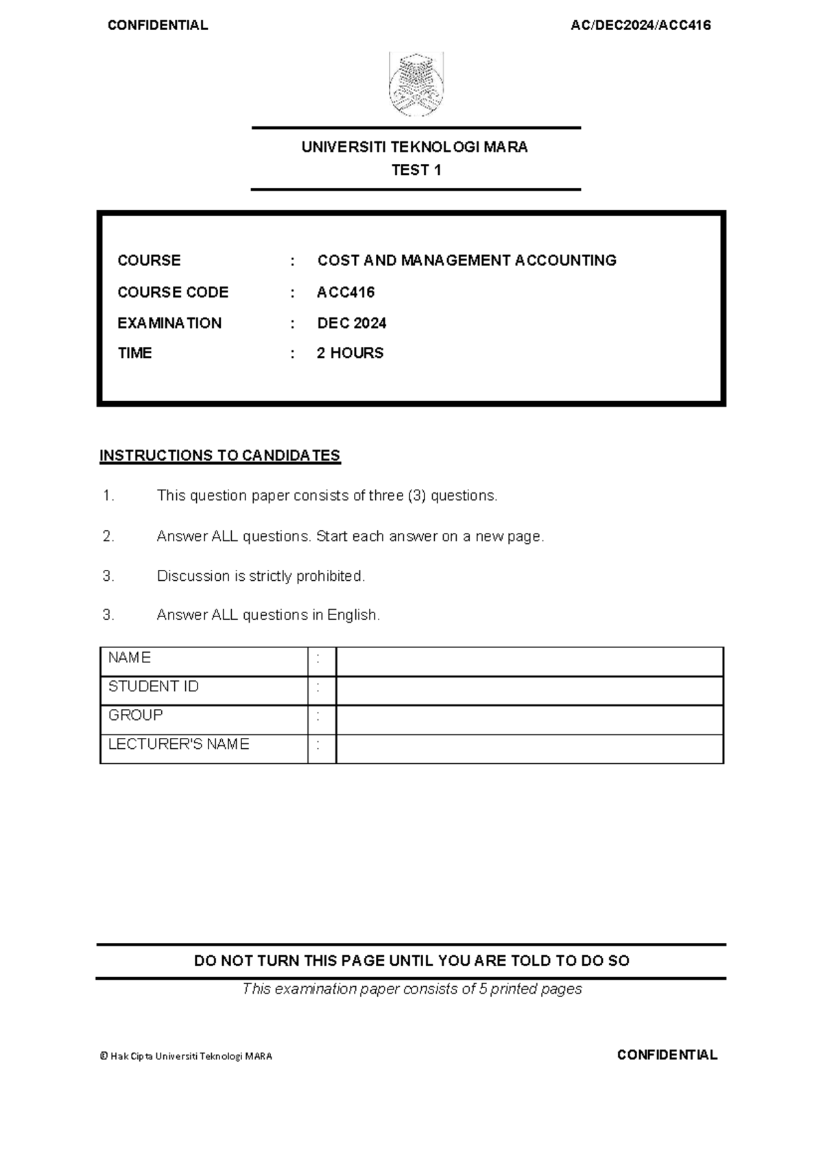 ACC416 Cost and Management Accounting Test 1 - Dec 2024 - Studocu