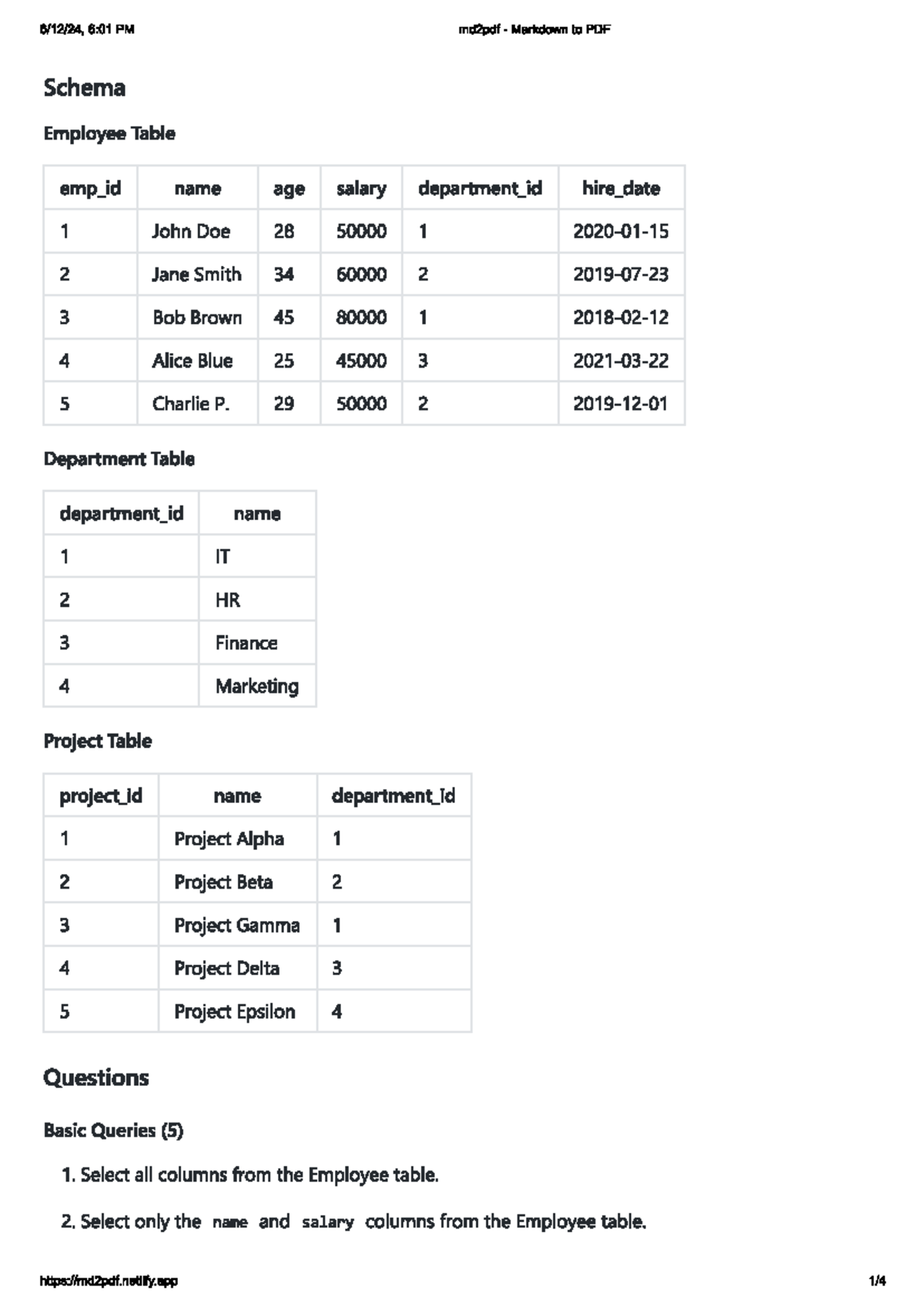 SQL Practice Queries: Employee, Department, and Project Tables - Studocu
