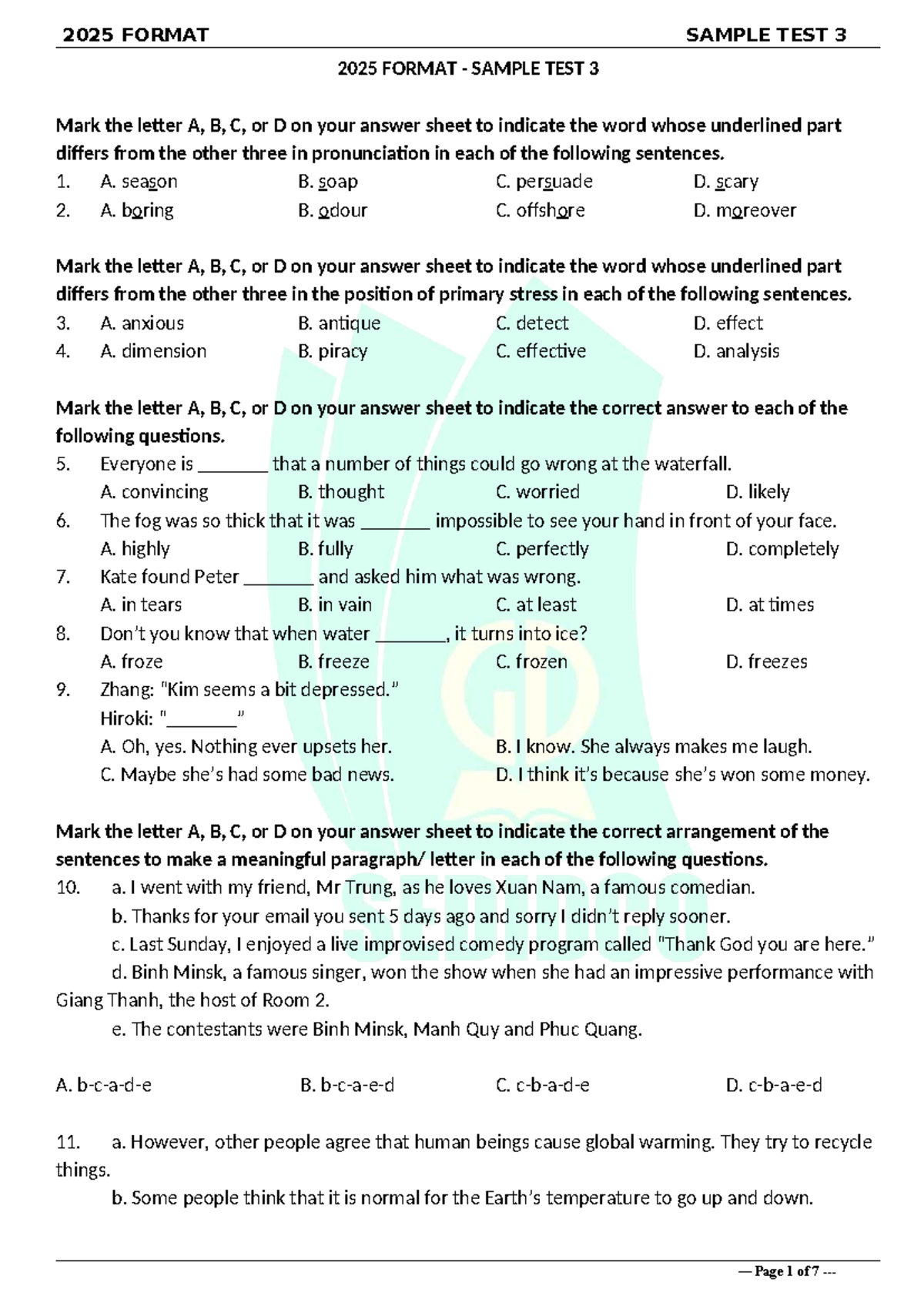 Practice TEST 3 (2025 Format) - Listening & Reading Comprehension - Studocu