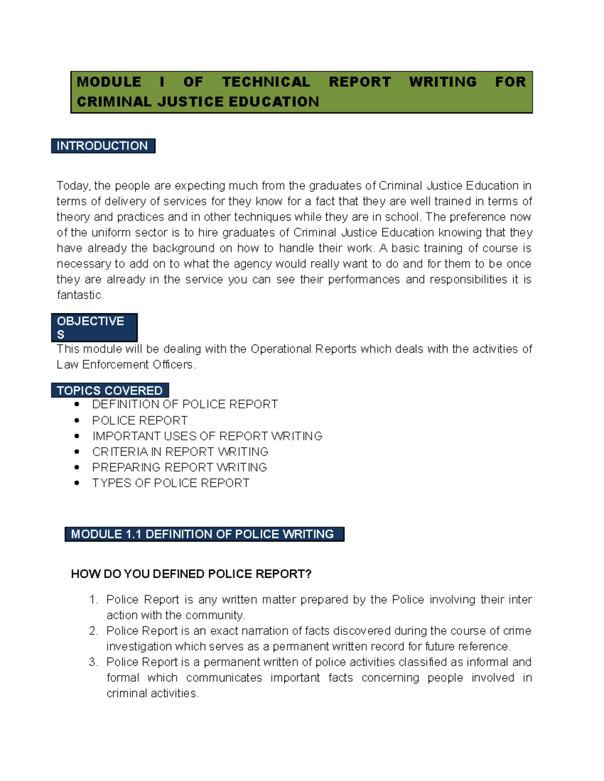 Module I: Technical Report Writing for Criminal Justice (CJ 101) - Studocu