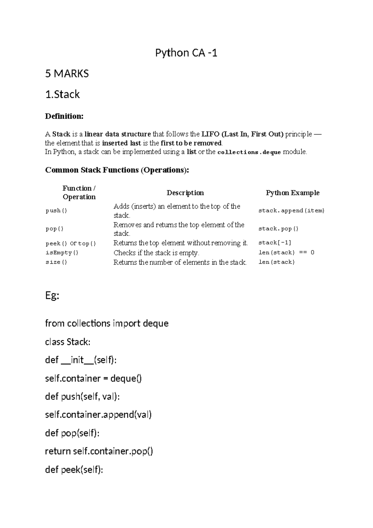 Python CA 5 Marks - Stack & Queue Concepts and Operations - Studocu