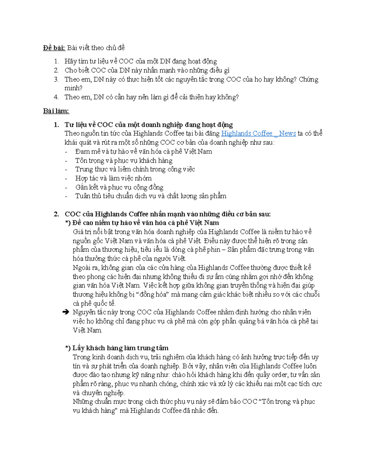 BVN 02: Phân Tích COC của Highlands Coffee và Đánh Giá Thực Hiện - Studocu