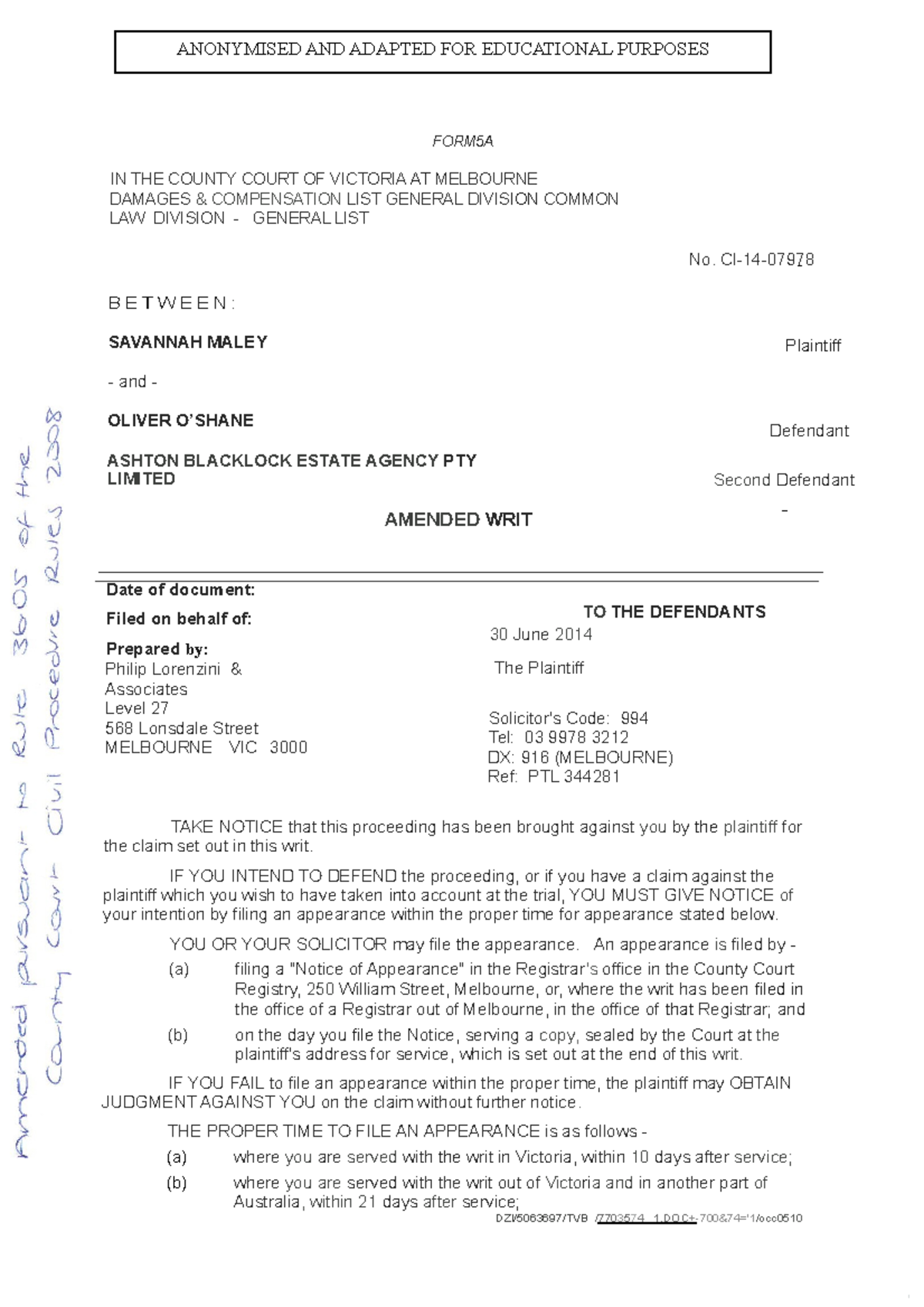 Statement of Claim - Maley v O'Shane & Blacklock (Cl-14) - Studocu