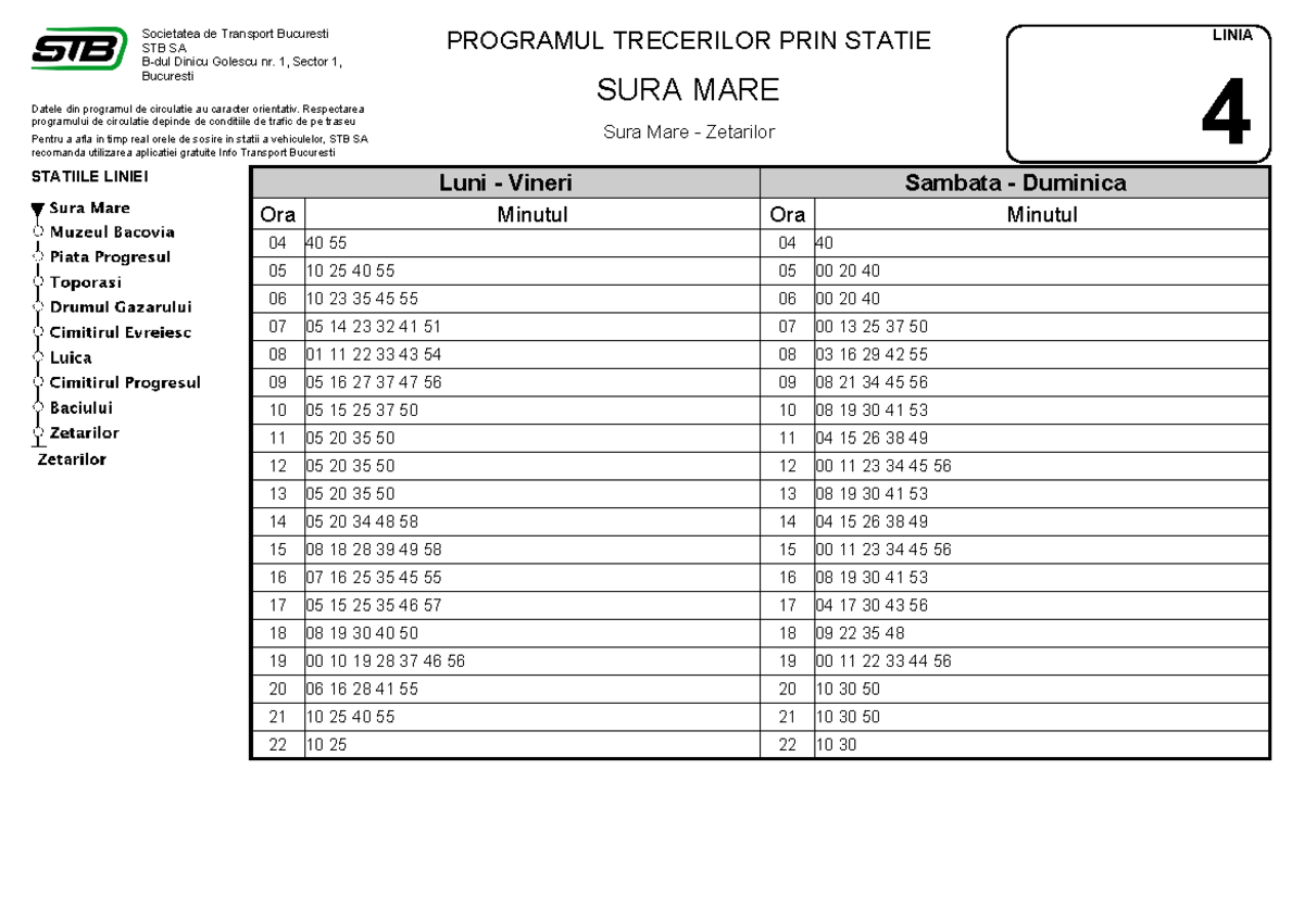 PROGRAMUL TRECERILOR PRIN STATIE LINIA 4 - RATB - Studeersnel