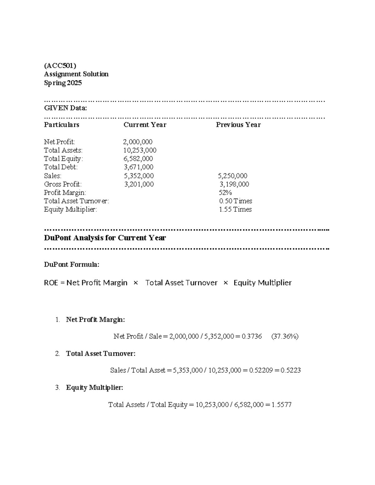 Acc501 Assignment No 1 Solution Spring 2025 Analysis Studocu