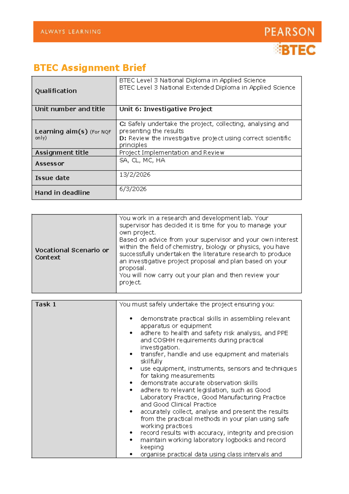 Unit 6CD - Investigative Project Assignment Brief 2025-26 - Studocu