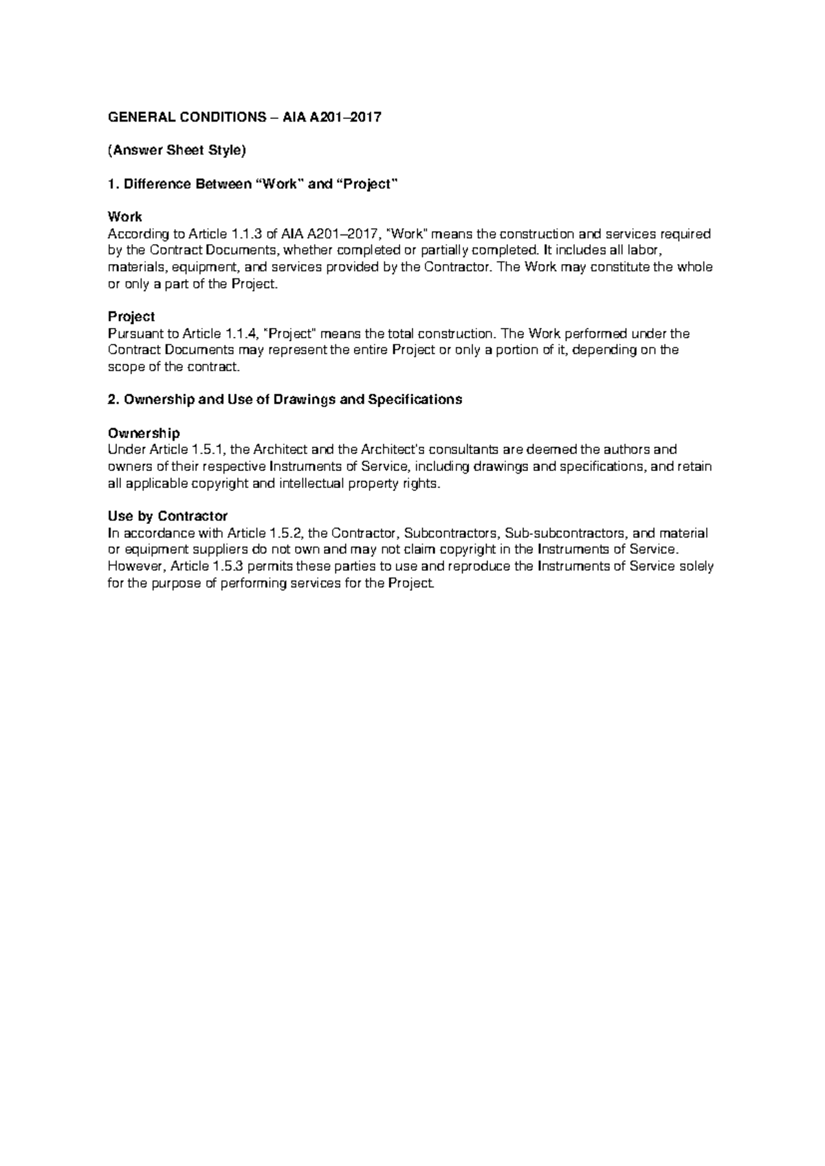 AIA A201 General Conditions: Answer Sheet Overview - Studocu