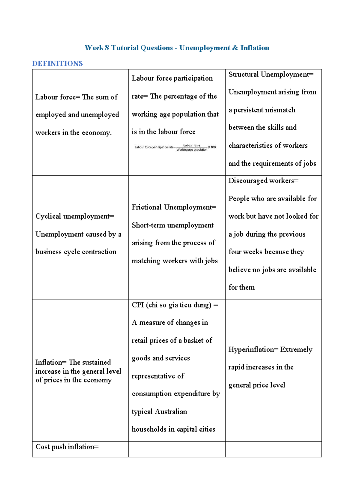 Week 8 ECO Tutorial Questions: Unemployment & Inflation Concepts - Studocu