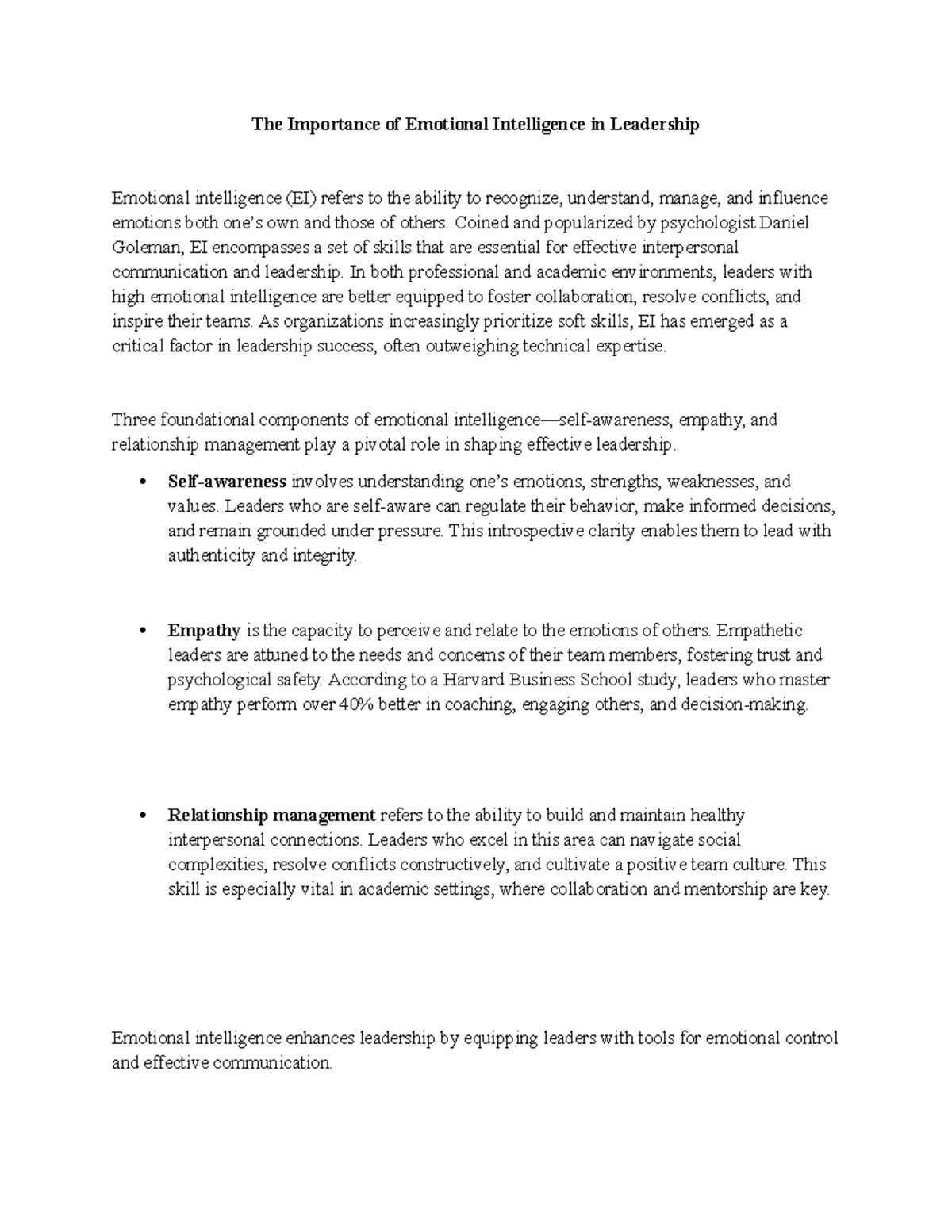 The Role of Emotional Intelligence in Leadership Success - Studocu