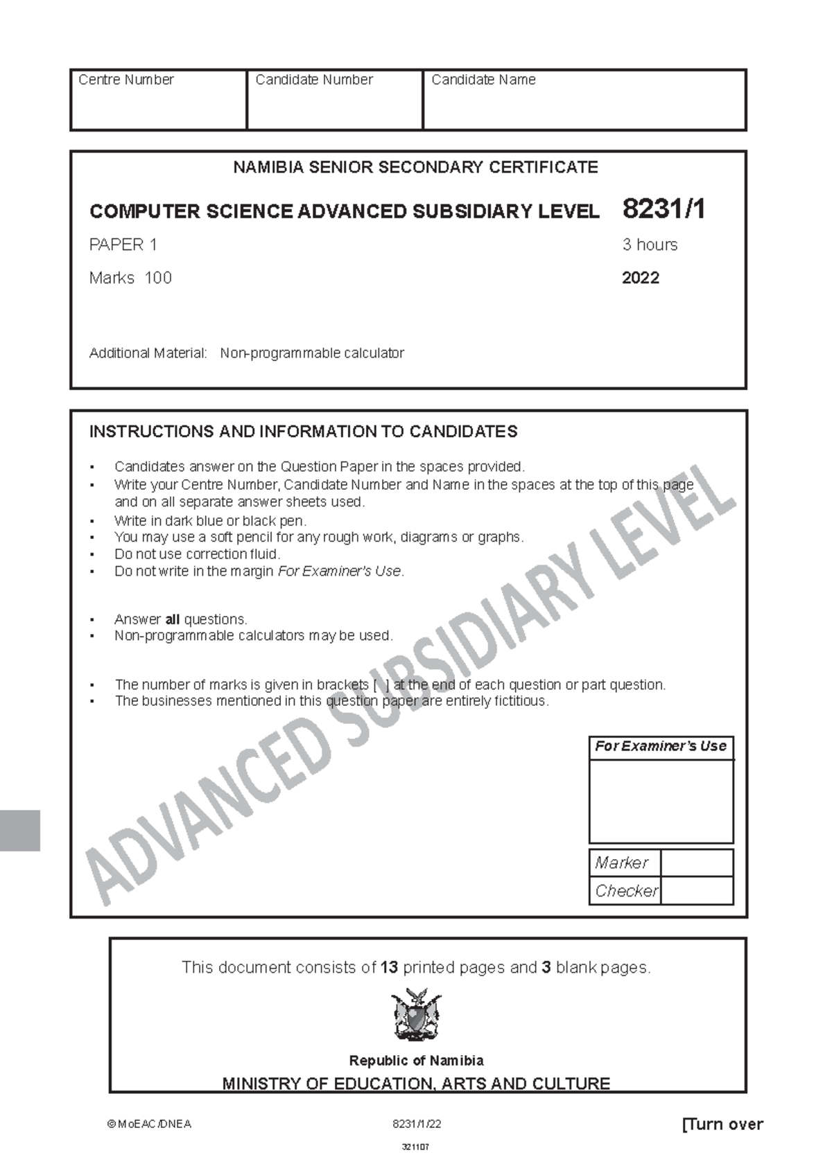 AS - Computer Studies Paper 1 8231-1 - Exam Instructions and Questions ...