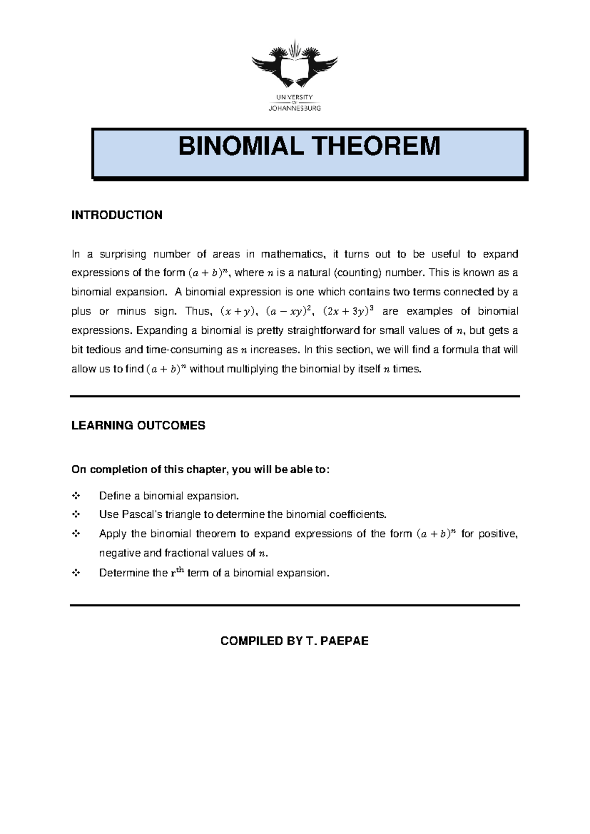 Binomial Theorem Overview and Key Concepts - Math 101 Notes - Studocu