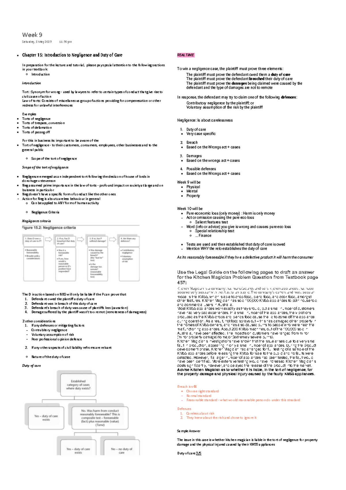 Week 9 - Chapter 15: Introduction to Negligence and Duty of Care - Studocu