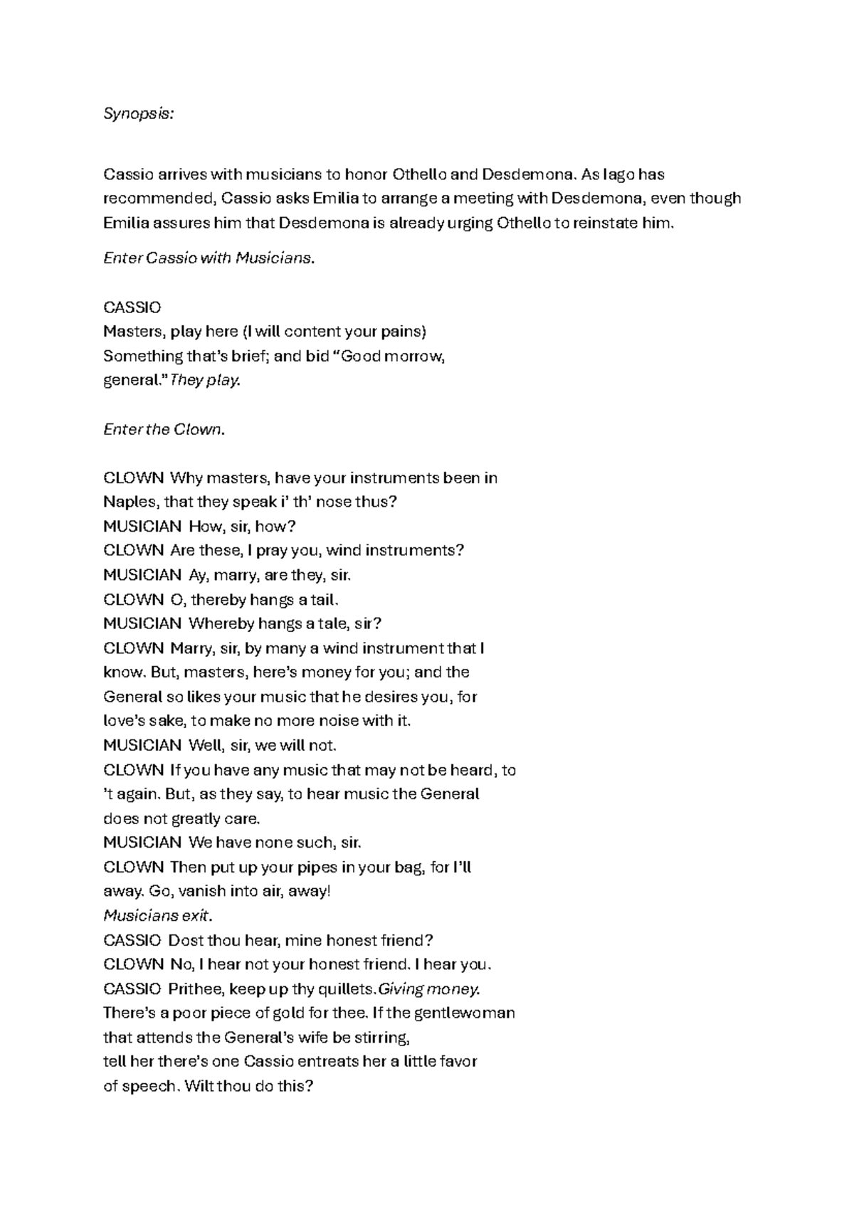 Othello Act 3 Scene 1 Summary and Analysis - Studocu