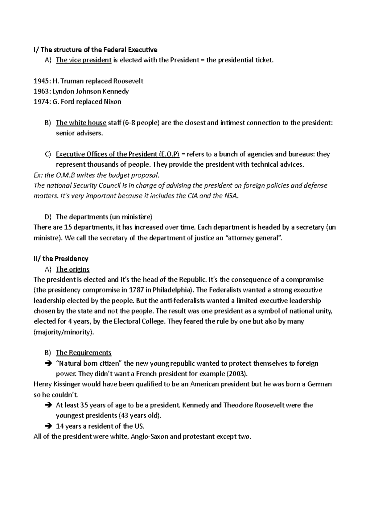 TD8 The Executive Branch - I/ The structure of the Federal Executive A ...