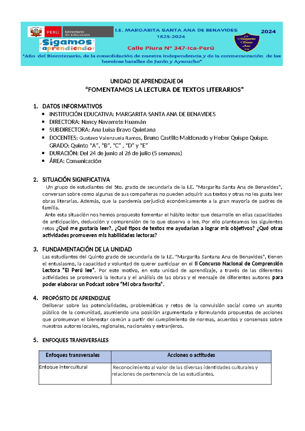 Unidad de Aprendizaje 004: Fomentando la Lectura Literaria 5TO 2024 ...