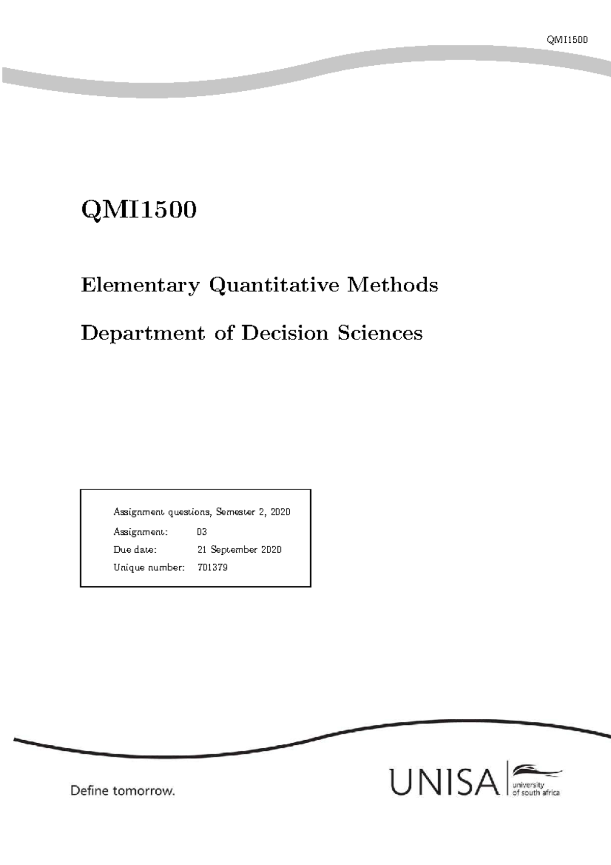 QMI1500 Assignment 03: Elementary Quantitative Methods S2 2020 - Studocu