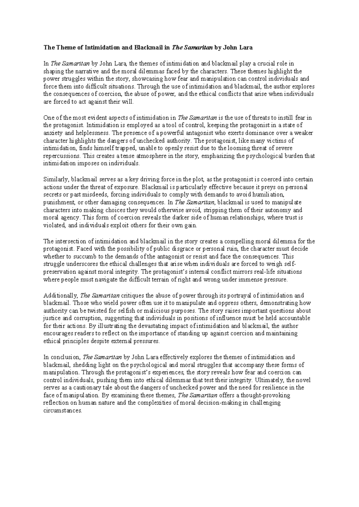 Thematic Analysis of Intimidation & Blackmail in The Samaritan - Studocu